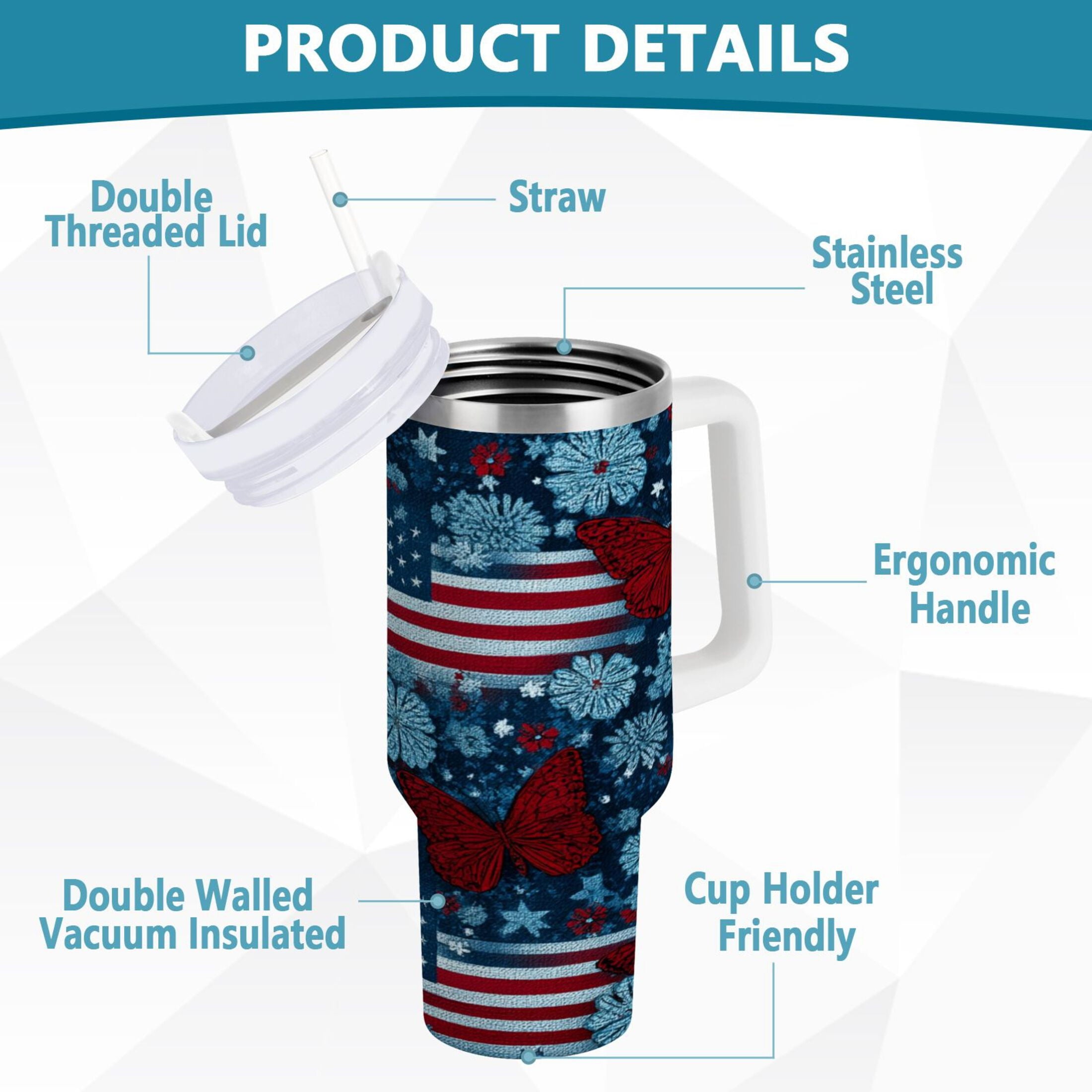 30 oz Insulated Stainless Steel Tumbler Double Wall Stainless Steel Tumbler with 2-Way Drinking Red Butterflies and Flags - Choice 680