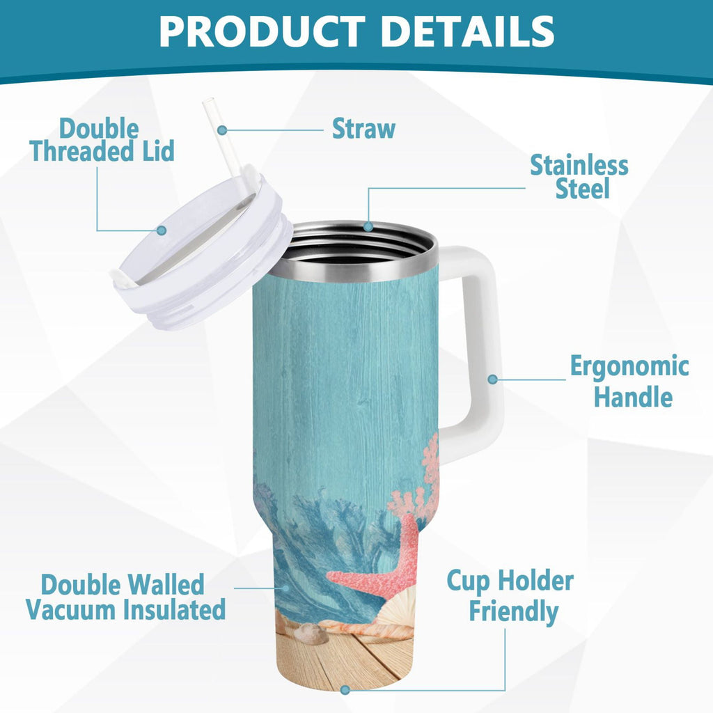 40 oz Insulated Stainless Steel Tumbler Double Wall Stainless Steel Tumbler with 2-Way Drinking Colorful Starfish and Seashells - Choice 221