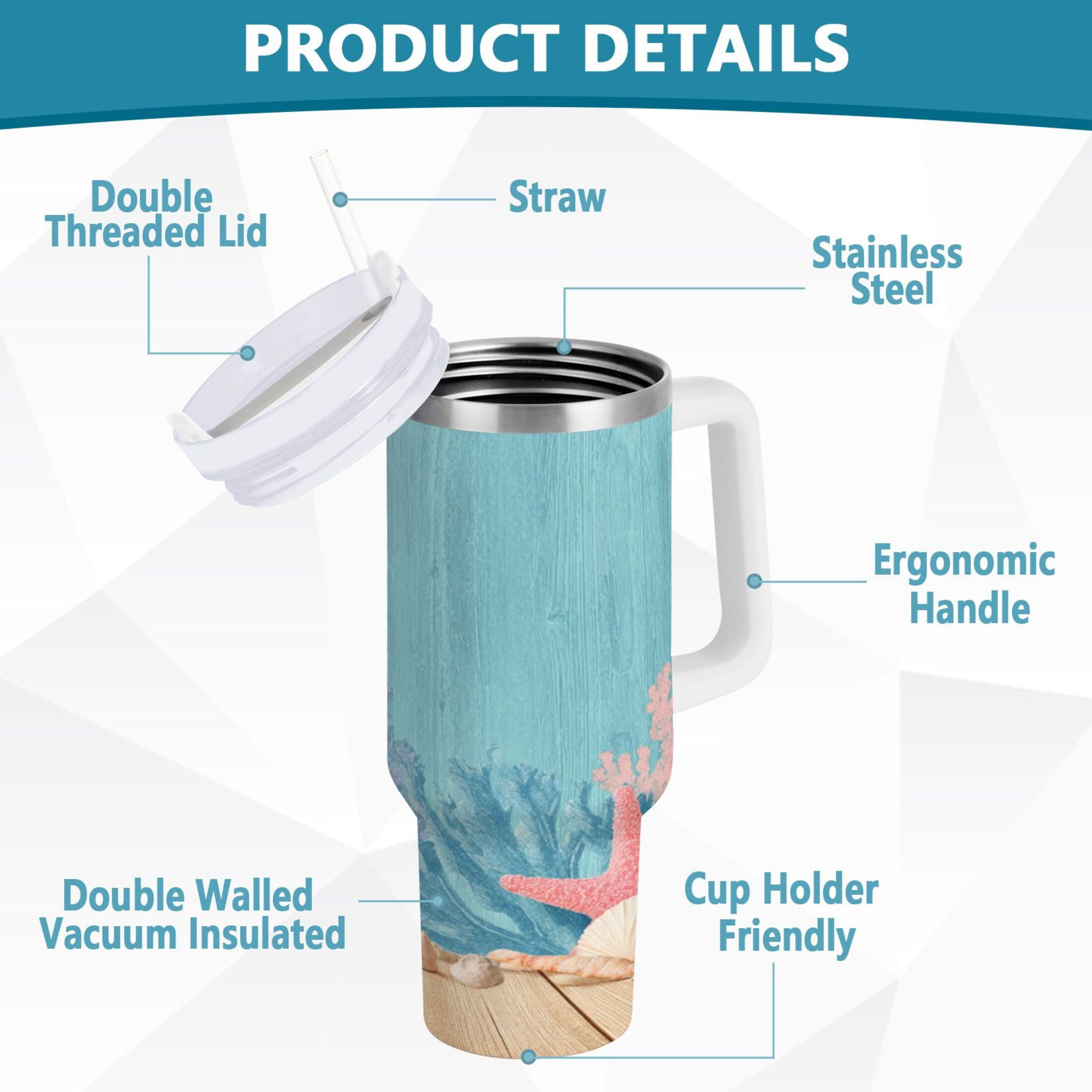 40 oz Insulated Stainless Steel Tumbler Double Wall Stainless Steel Tumbler with 2-Way Drinking Colorful Starfish and Seashells - Choice 221