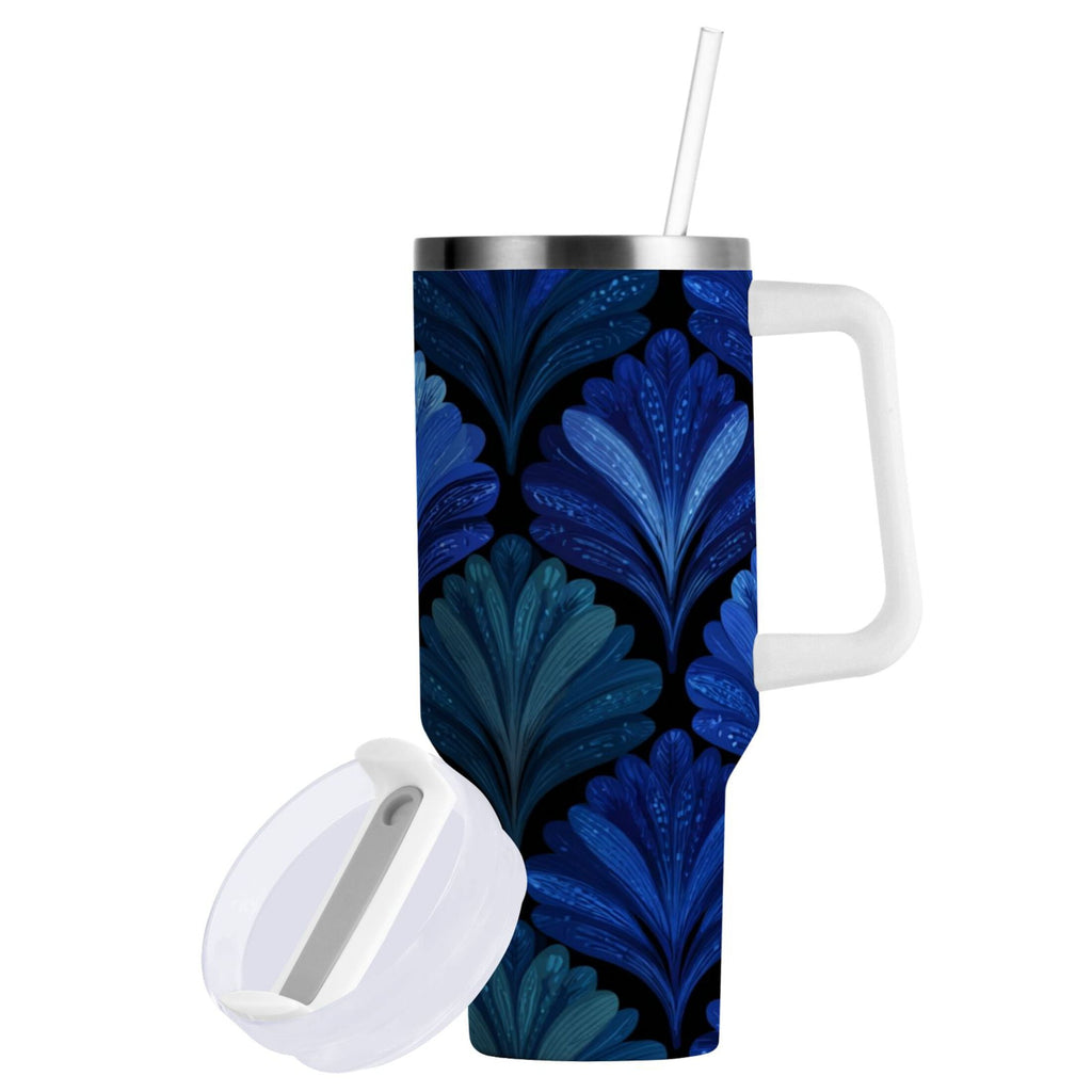 30 oz Insulated Stainless Steel Tumbler Double Wall Stainless Steel Tumbler with 2-Way Drinking Blue Batik Leaves Pattern - Choice 588