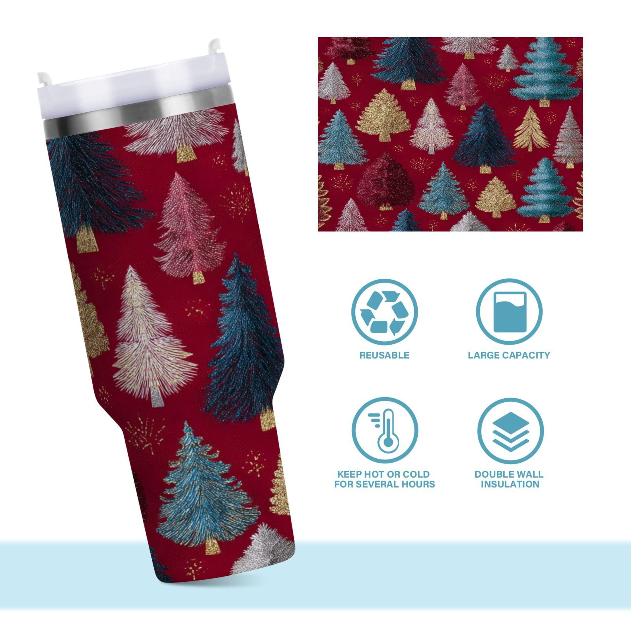 30 oz Insulated Stainless Steel Tumbler Double Wall Stainless Steel Tumbler with 2-Way Drinking Stylized Christmas Trees - Choice 138