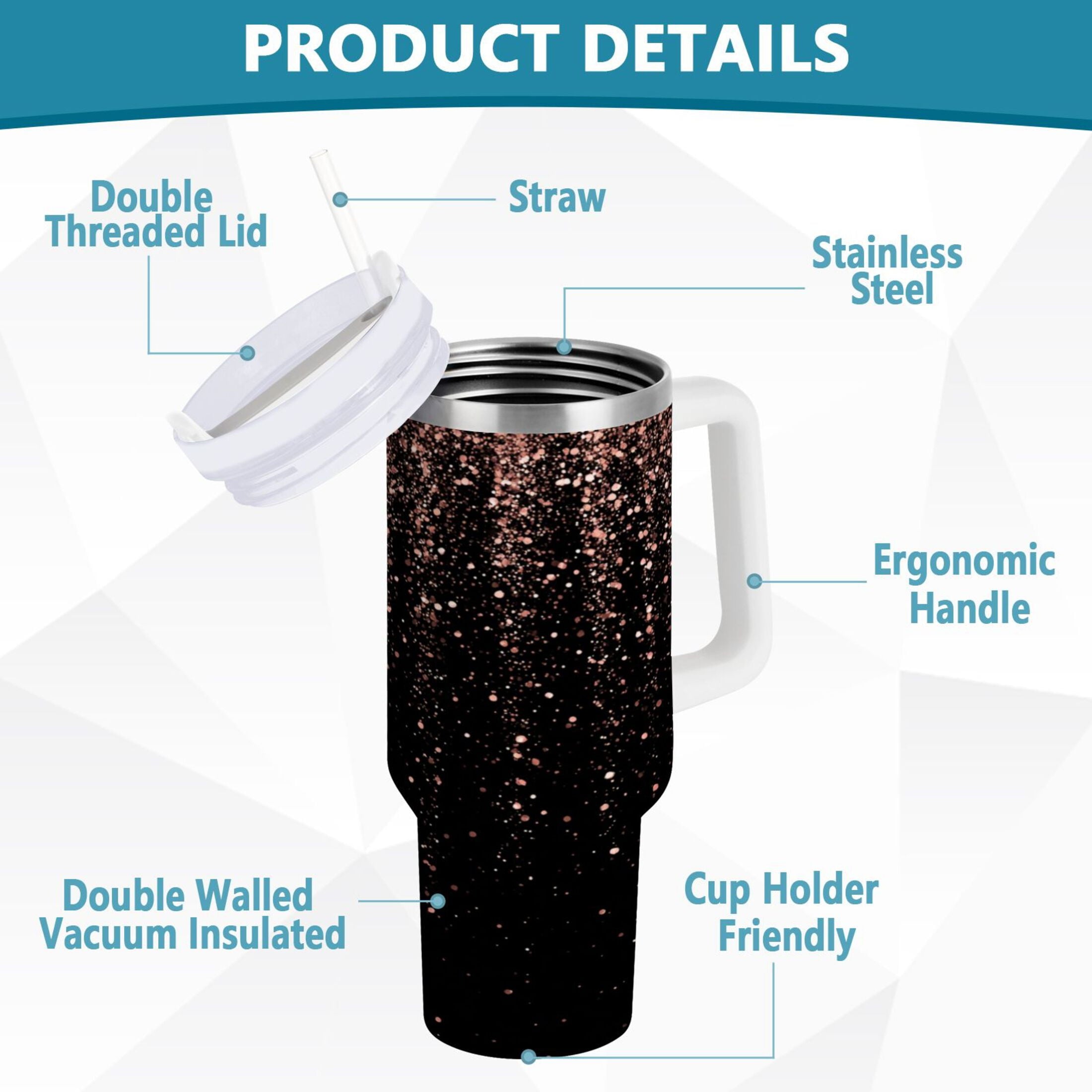 40 oz Insulated Stainless Steel Tumbler Double Wall Stainless Steel Tumbler with 2-Way Drinking Rose Gold Glitter - Choice 608
