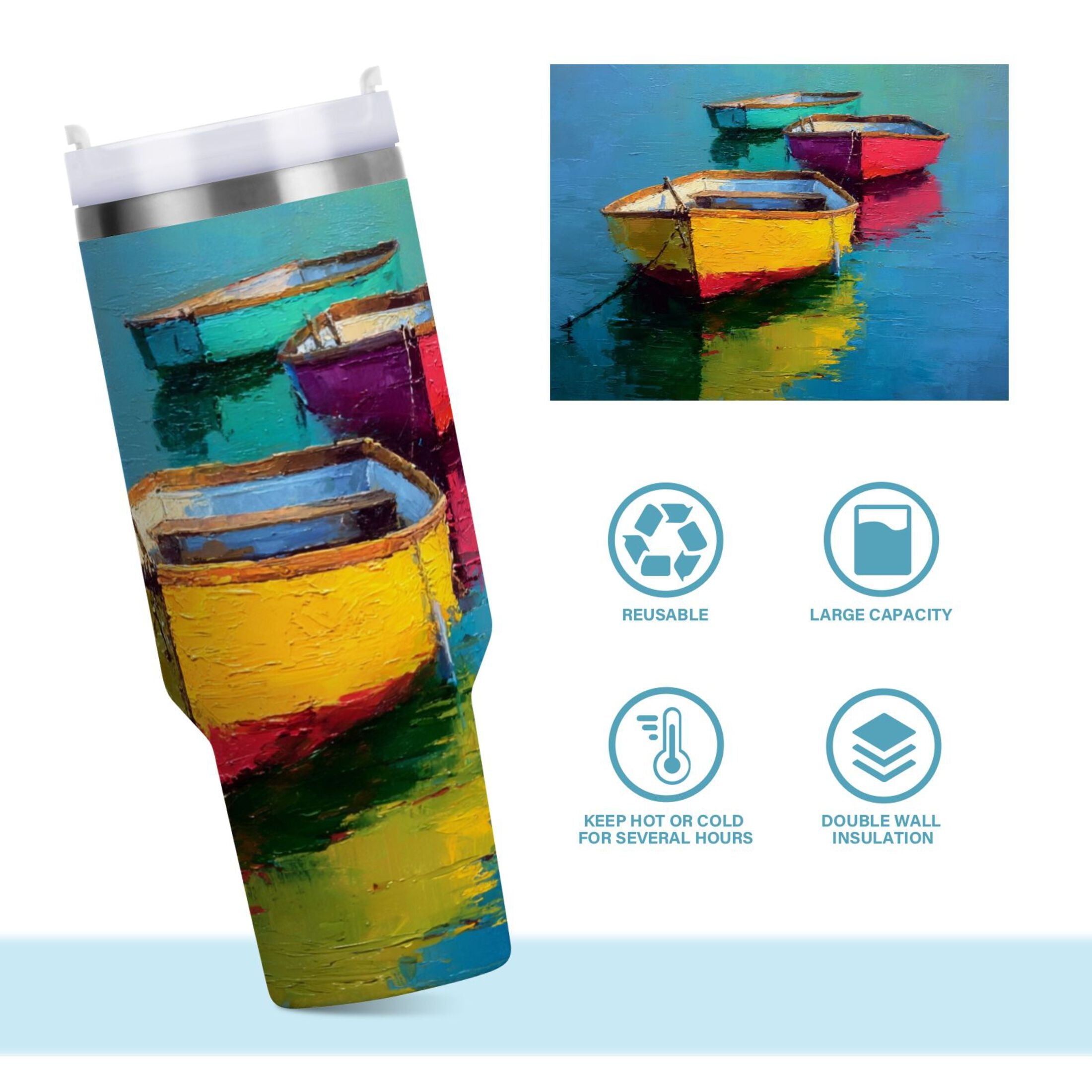 30 oz Insulated Stainless Steel Tumbler Double Wall Stainless Steel Tumbler with 2-Way Drinking Colorful Row Boats - Choice 411