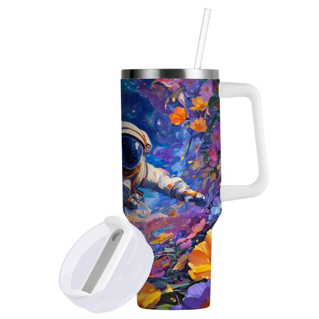 40 oz Insulated Stainless Steel Tumbler Double Wall Stainless Steel Tumbler with 2-Way Drinking Astronaut and Colorful Flowers - Choice 128