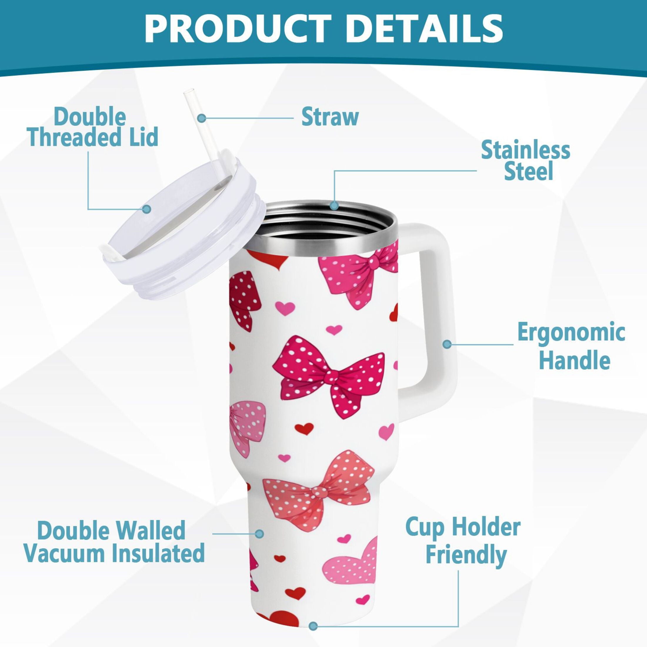 30 oz Insulated Stainless Steel Tumbler Double Wall Stainless Steel Tumbler with 2-Way Drinking Red and Pink Bows - Choice 811