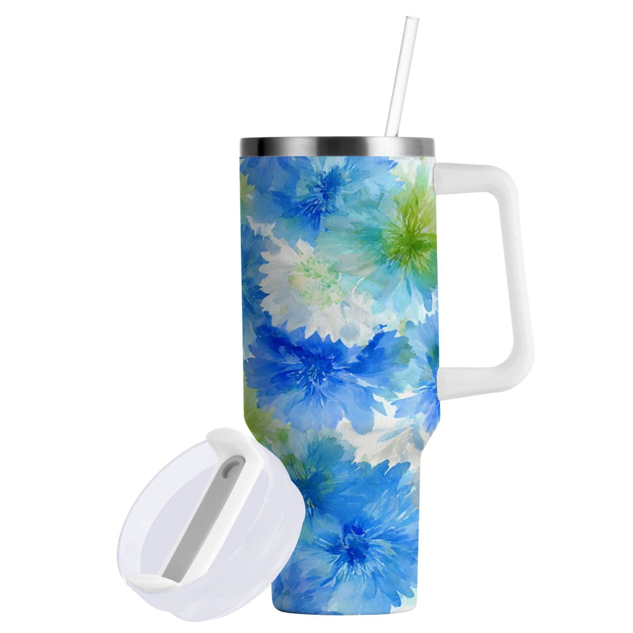 40 oz Insulated Stainless Steel Tumbler Double Wall Stainless Steel Tumbler with 2-Way Drinking Watercolor Blue Cornflowers - Choice 581