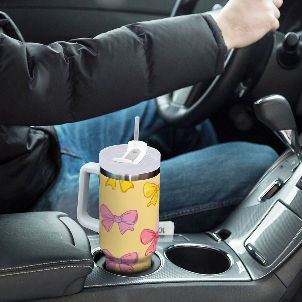 30 oz Insulated Stainless Steel Tumbler Double Wall Stainless Steel Tumbler with 2-Way Drinking Yellow and Pink Bows - Choice 374