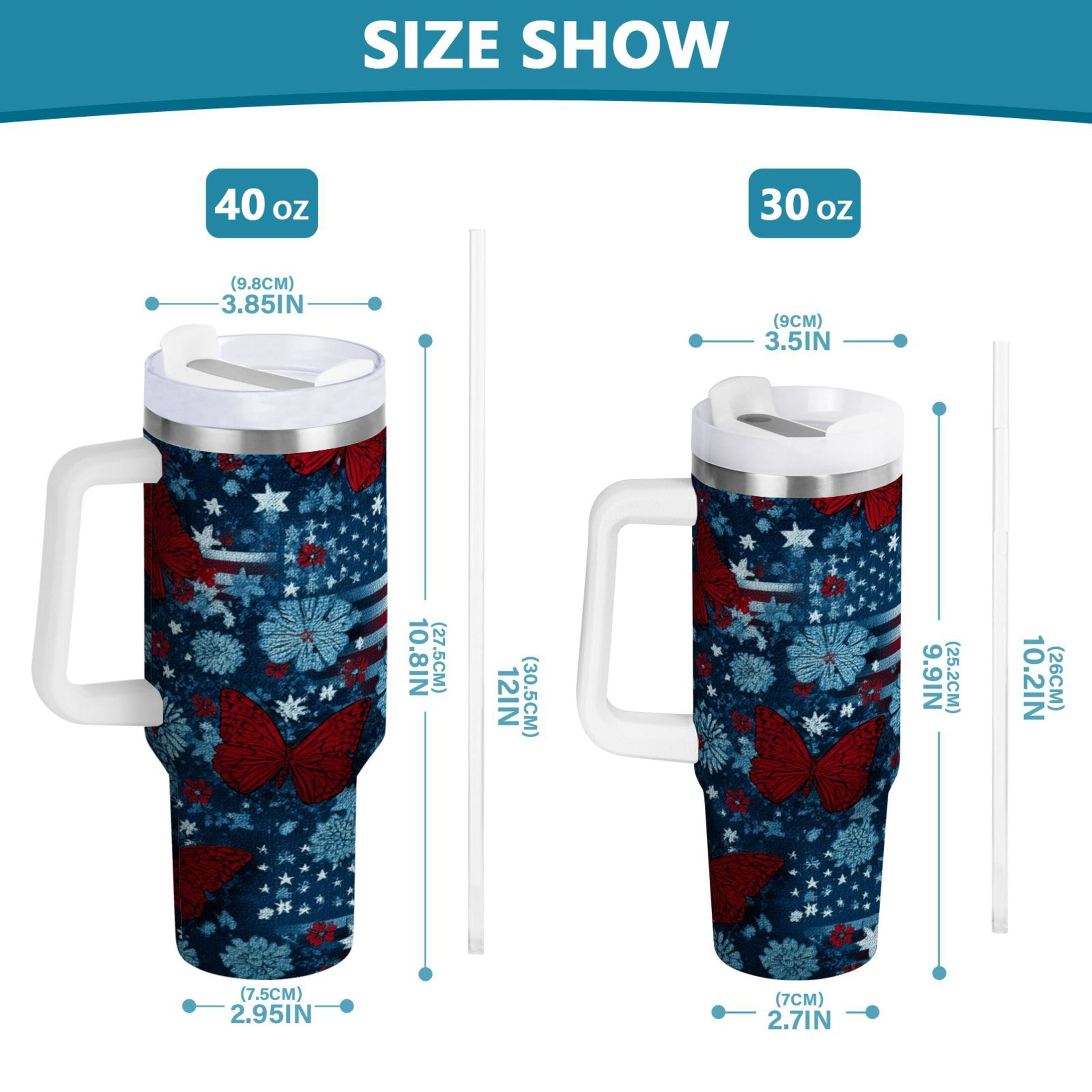 30 oz Insulated Stainless Steel Tumbler Double Wall Stainless Steel Tumbler with 2-Way Drinking Red Butterflies and Flags - Choice 680