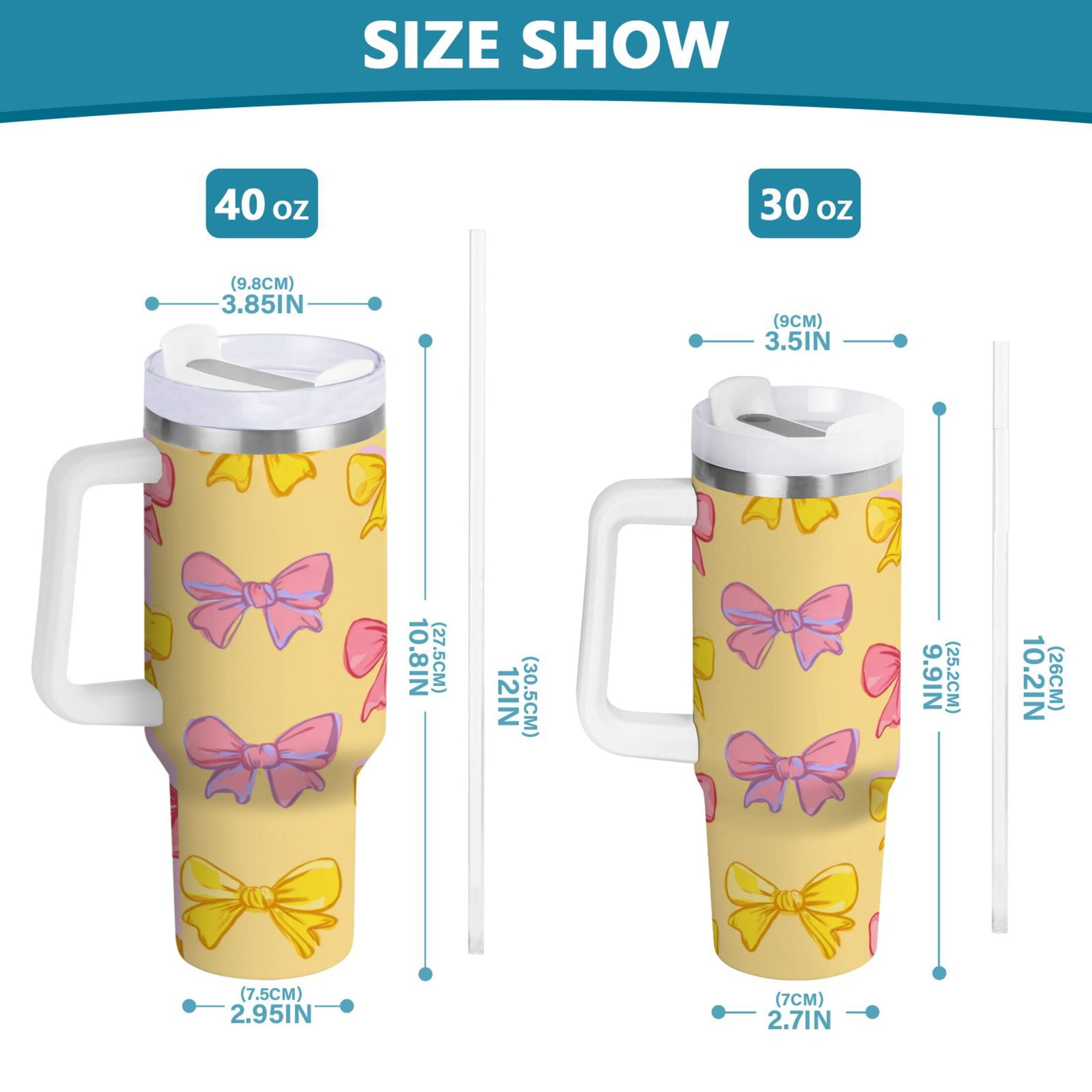 30 oz Insulated Stainless Steel Tumbler Double Wall Stainless Steel Tumbler with 2-Way Drinking Yellow and Pink Bows - Choice 374