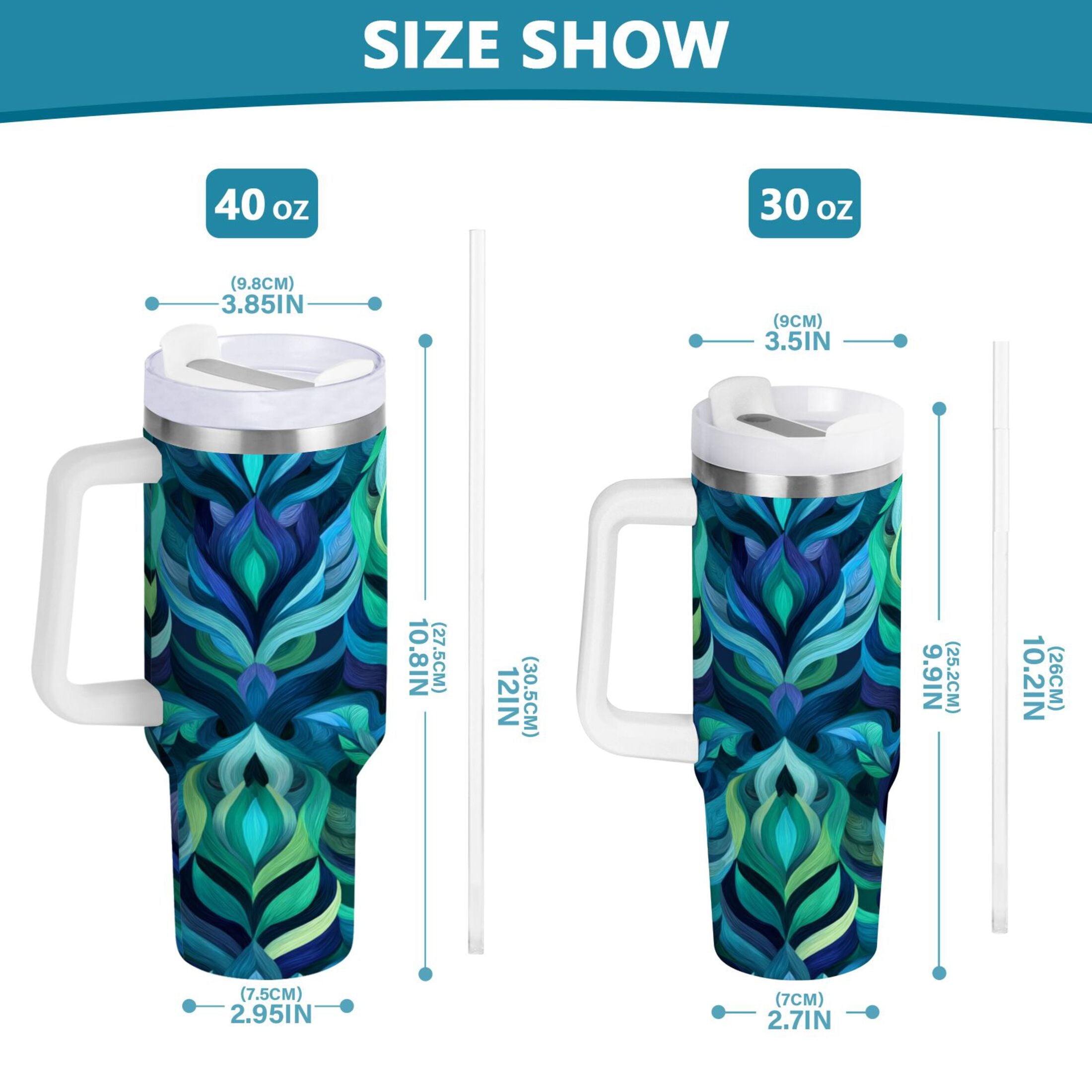 40 oz Insulated Stainless Steel Tumbler Double Wall Stainless Steel Tumbler with 2-Way Drinking Elegant Blue Abstract Shapes - Choice 188