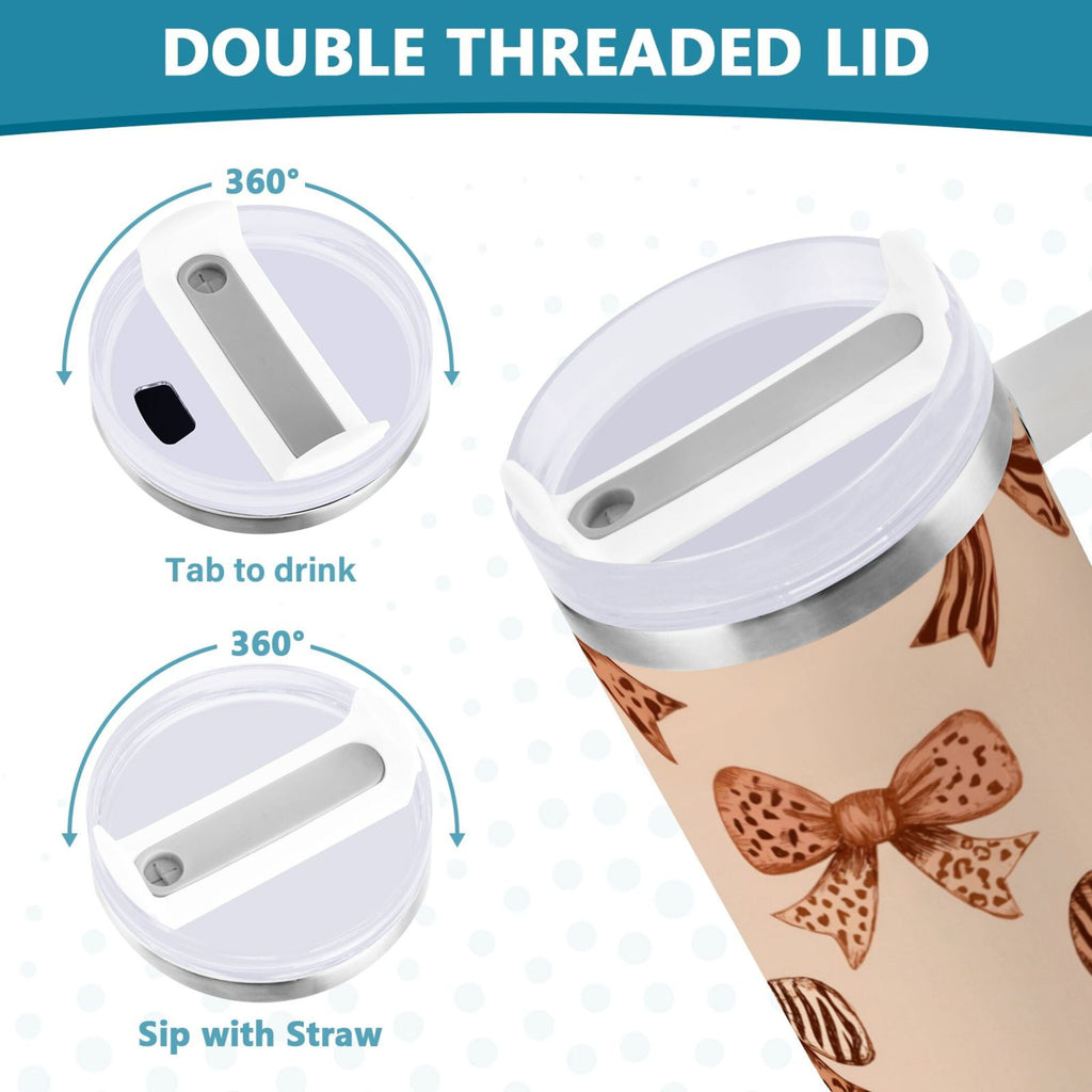 40 oz Insulated Stainless Steel Tumbler Double Wall Stainless Steel Tumbler with 2-Way Drinking Leopard Print Bow - Choice 337