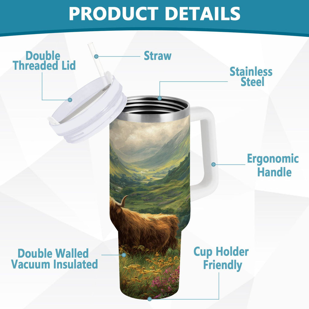 30 oz Insulated Stainless Steel Tumbler Double Wall Stainless Steel Tumbler with 2-Way Drinking Cow in Green Rolling Hills - Choice 267
