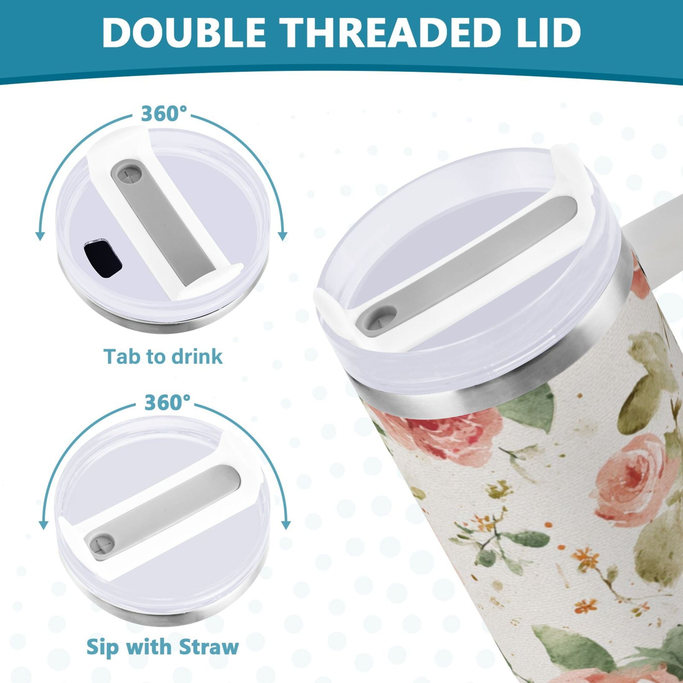 40 oz Insulated Stainless Steel Tumbler Double Wall Stainless Steel Tumbler with 2-Way Drinking Watercolor Rose Floral Pattern - Choice 233