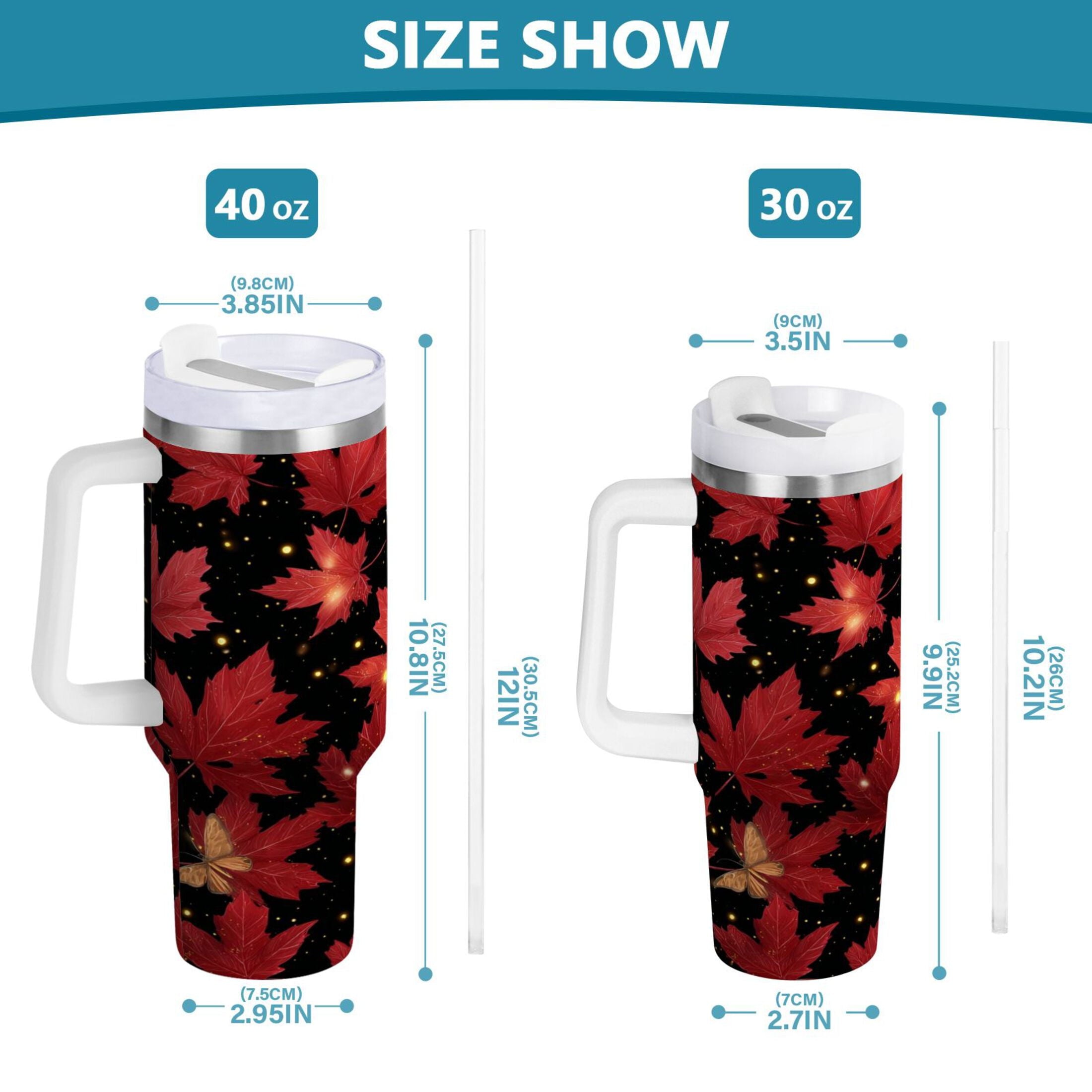 40 oz Insulated Stainless Steel Tumbler Double Wall Stainless Steel Tumbler with 2-Way Drinking Maple Leaves and Fireflies - Choice 258