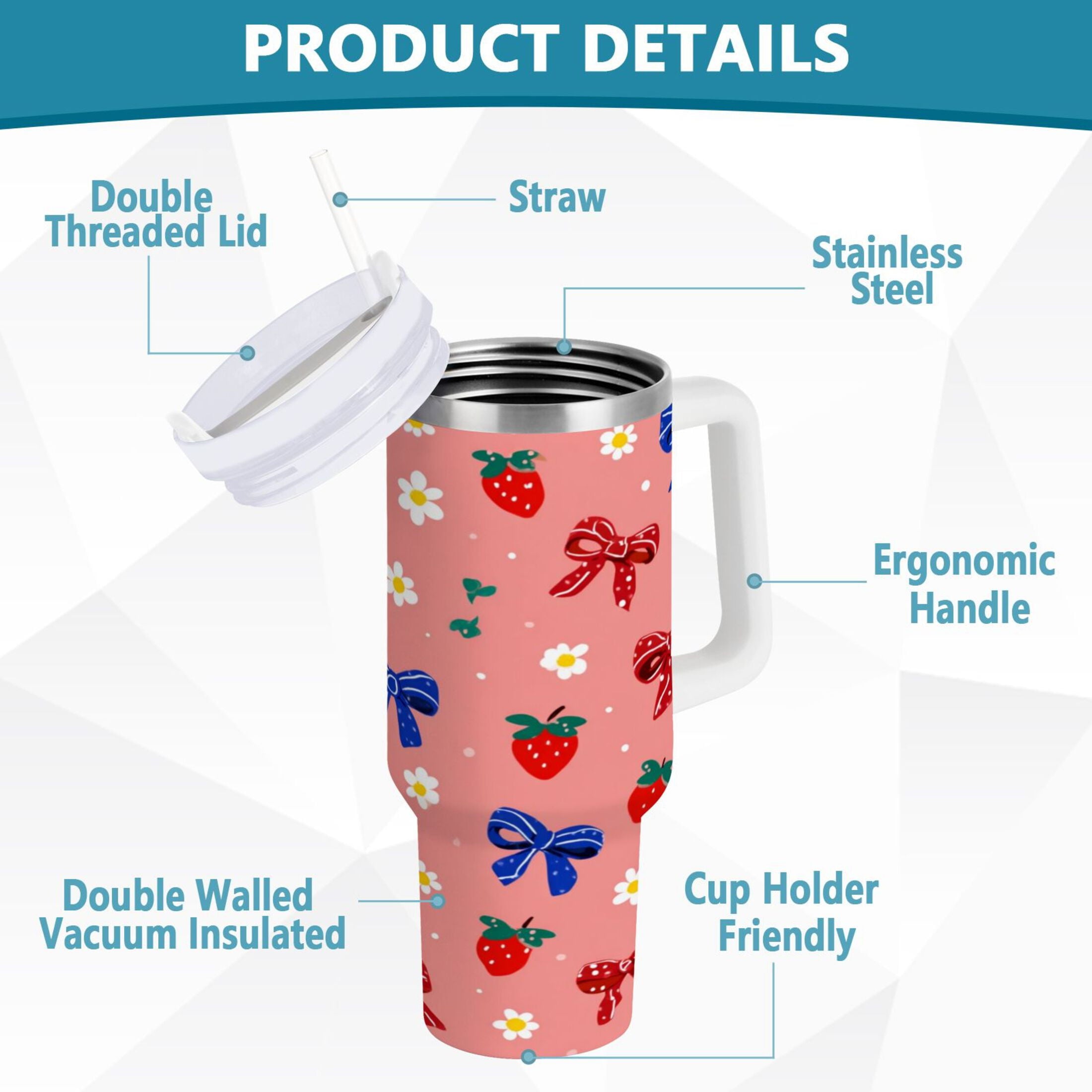 40 oz Insulated Stainless Steel Tumbler Double Wall Stainless Steel Tumbler with 2-Way Drinking Bows and Strawberries Pattern - Choice 232