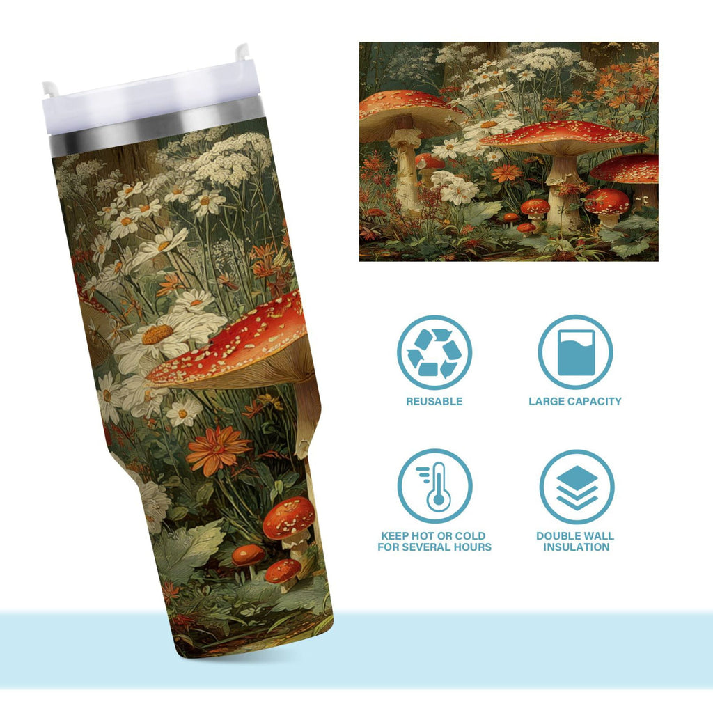 40 oz Insulated Stainless Steel Tumbler Double Wall Stainless Steel Tumbler with 2-Way Drinking Red Mushrooms - Choice 383