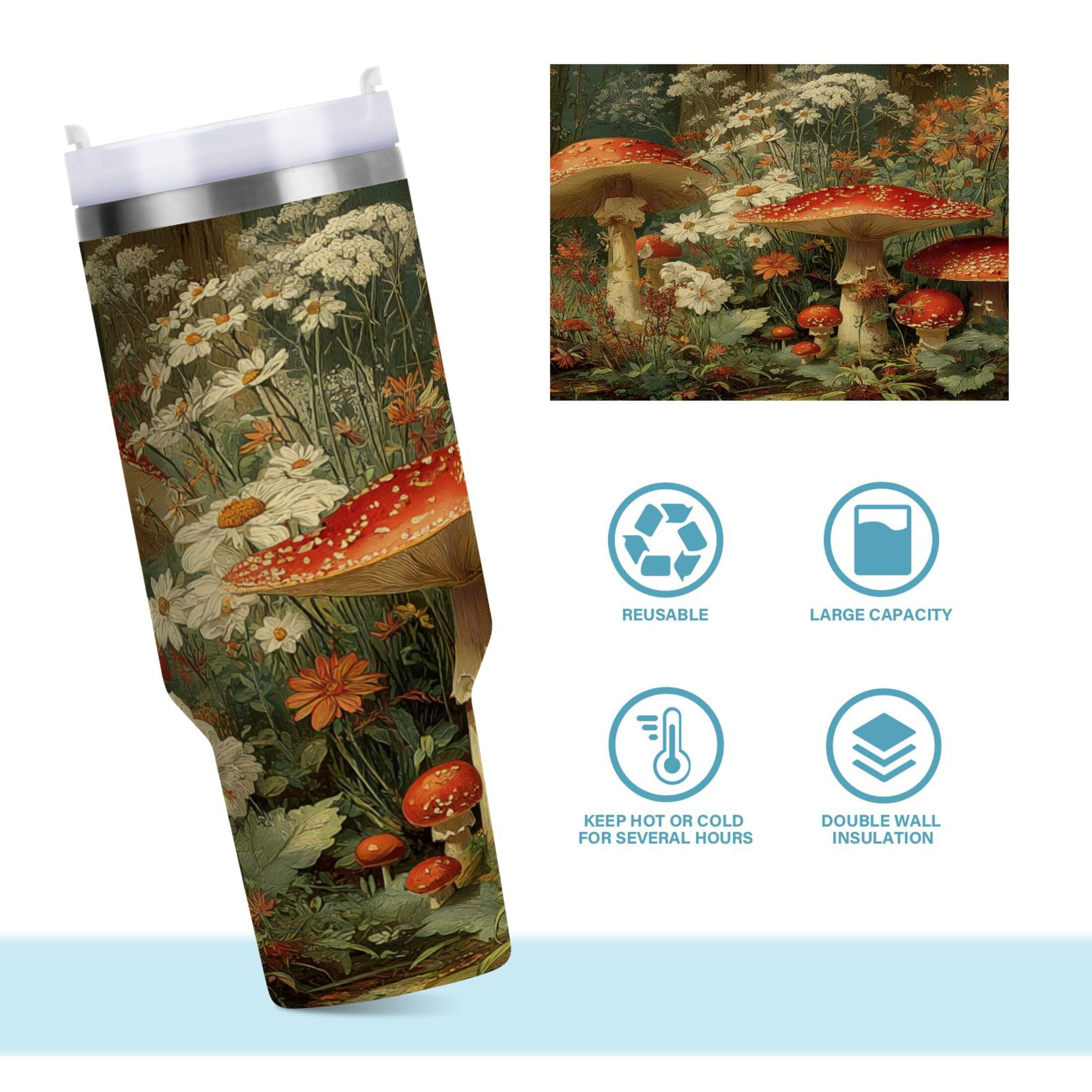 40 oz Insulated Stainless Steel Tumbler Double Wall Stainless Steel Tumbler with 2-Way Drinking Red Mushrooms - Choice 383