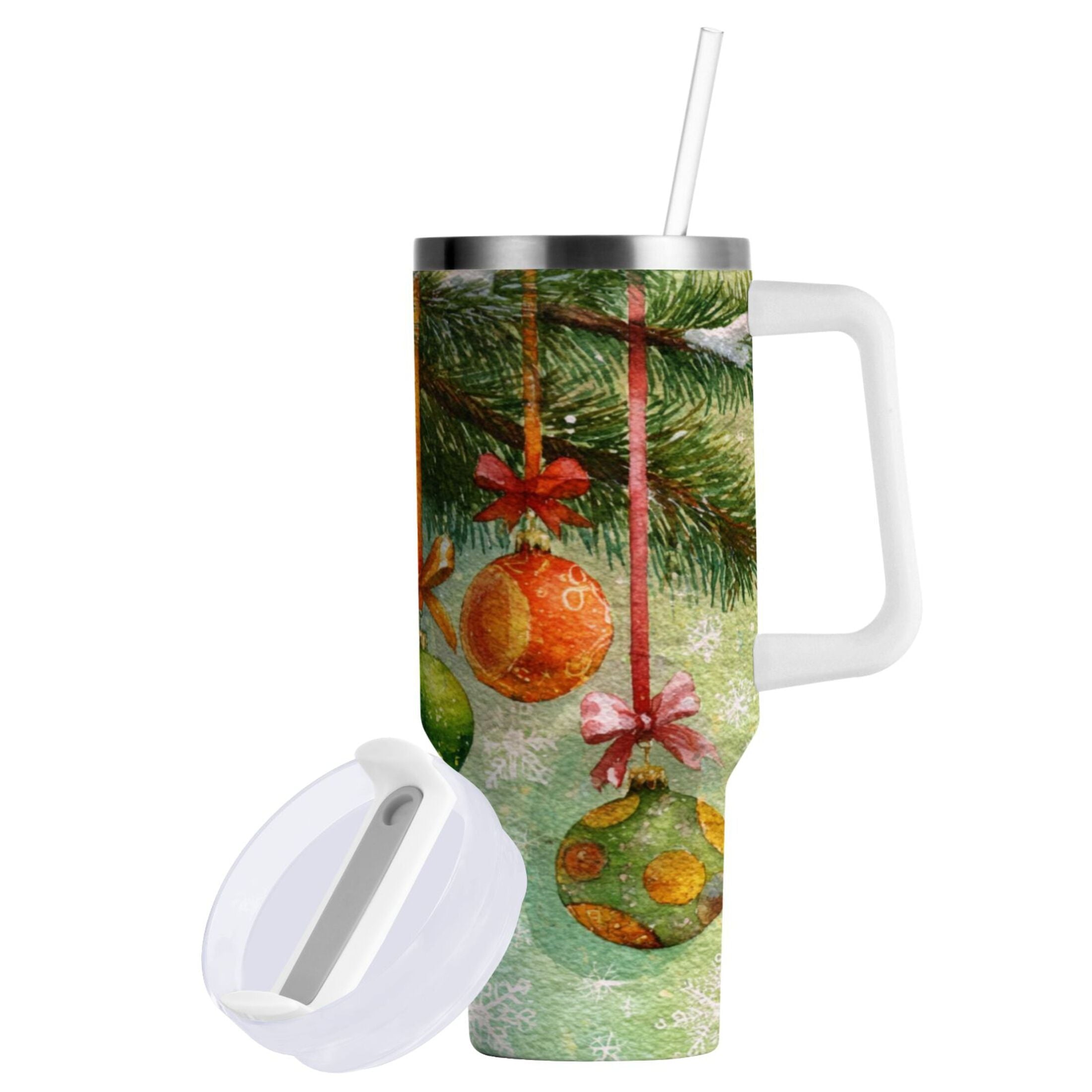 30 oz Insulated Stainless Steel Tumbler Double Wall Stainless Steel Tumbler with 2-Way Drinking Christmas Ornaments Watercolor Painting - Choice 529