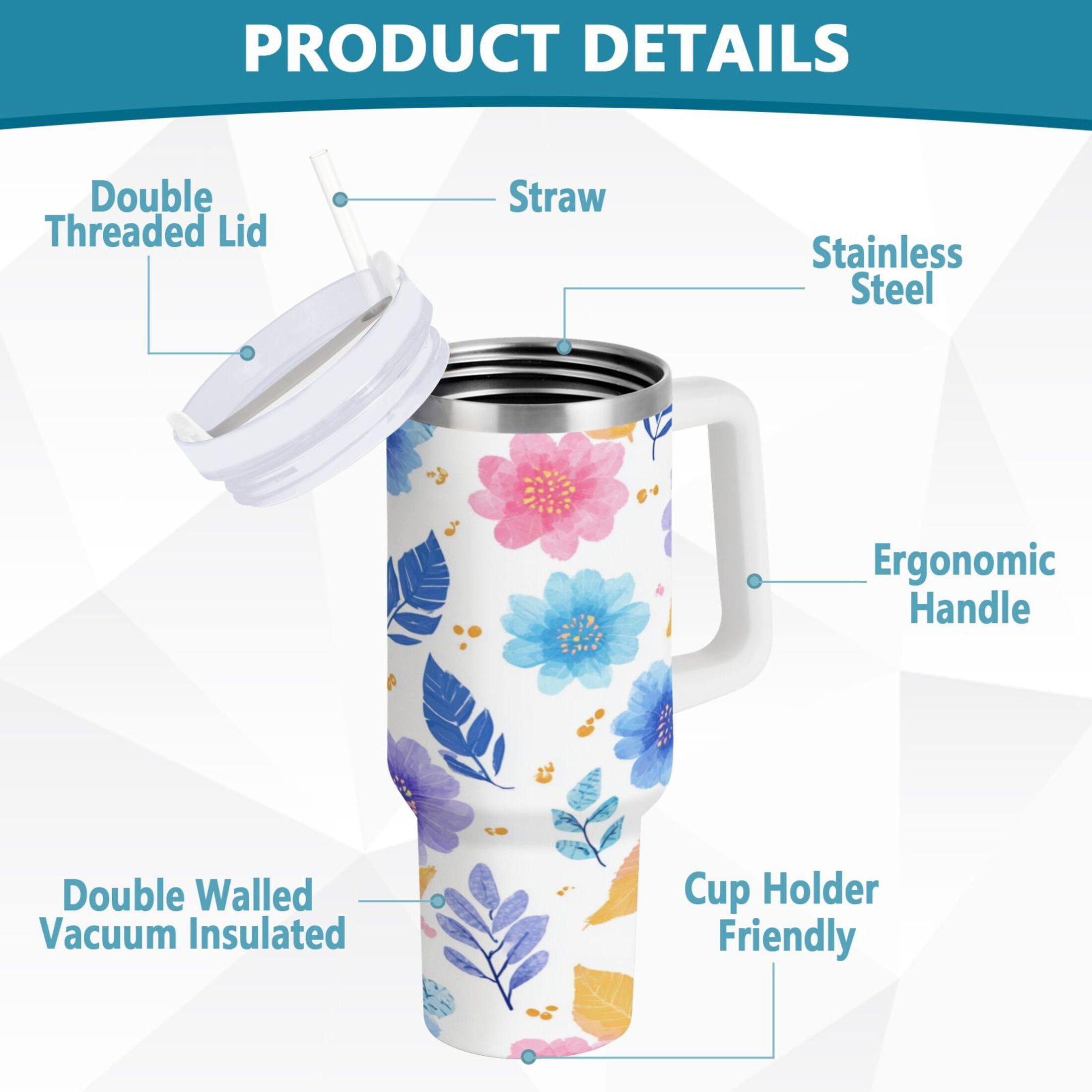 30 oz Insulated Stainless Steel Tumbler Double Wall Stainless Steel Tumbler with 2-Way Drinking Blue and Purple Flowers - Choice 738