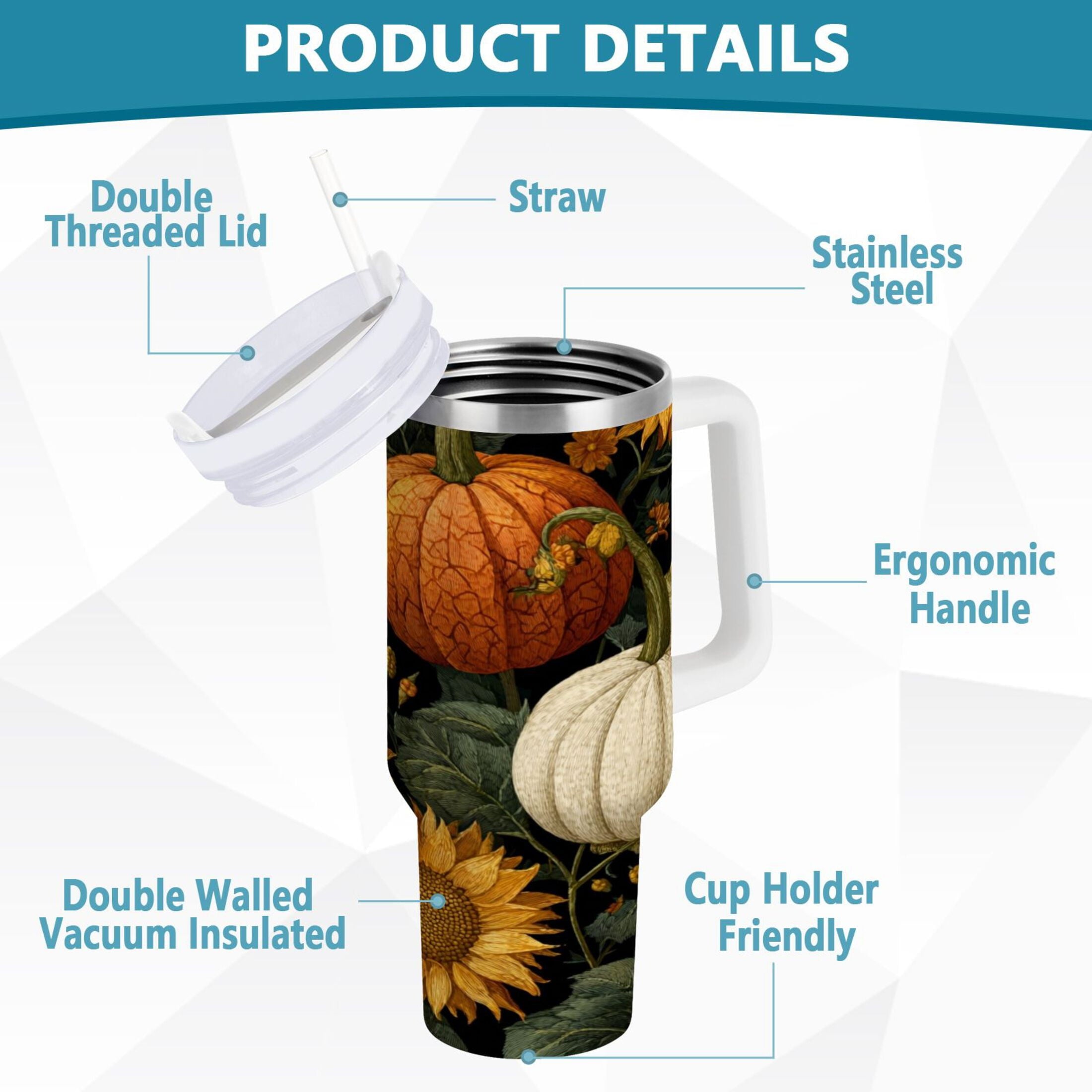 40 oz Insulated Stainless Steel Tumbler Double Wall Stainless Steel Tumbler with 2-Way Drinking Pumpkins and Sunflowers Pattern - Choice 480