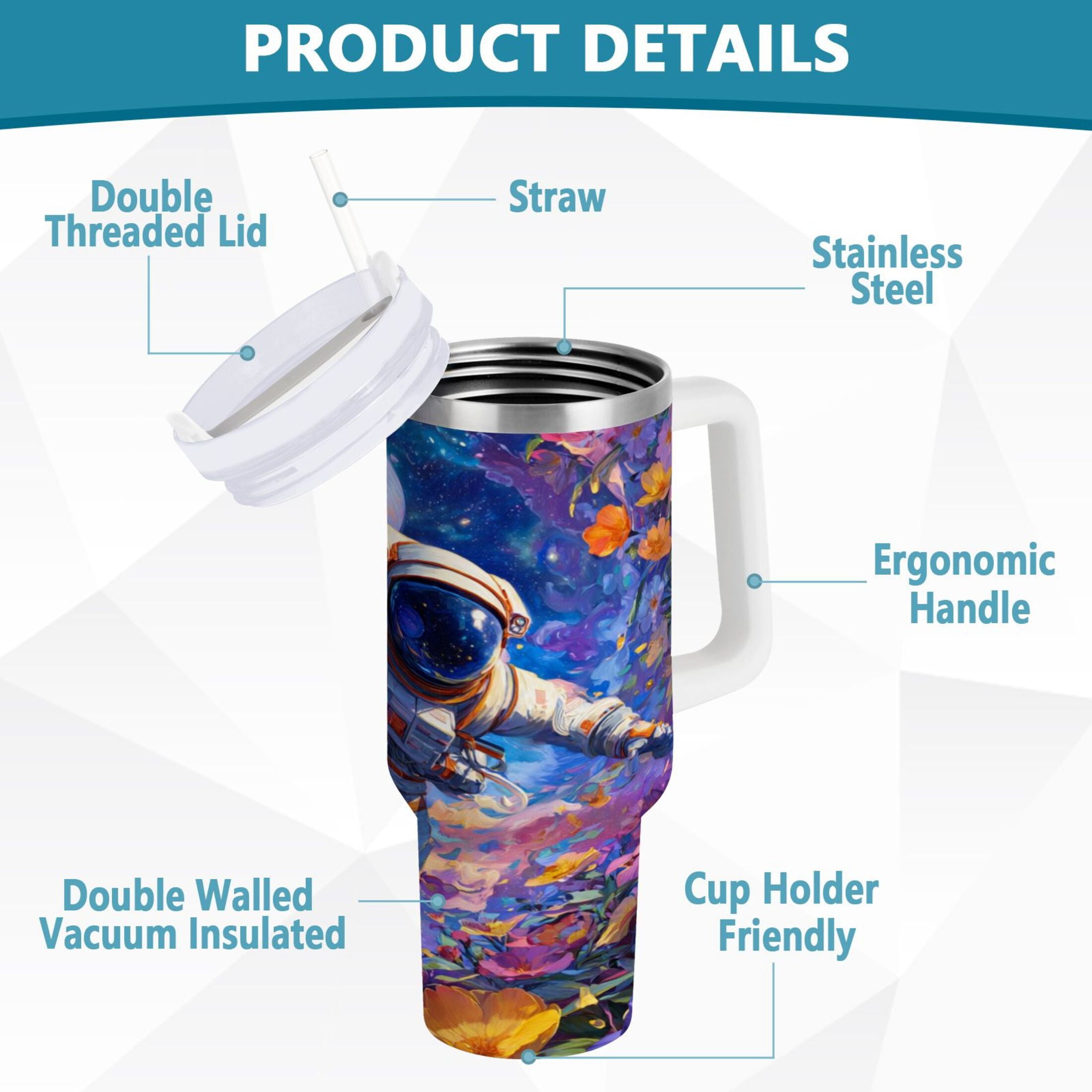 40 oz Insulated Stainless Steel Tumbler Double Wall Stainless Steel Tumbler with 2-Way Drinking Astronaut and Colorful Flowers - Choice 128