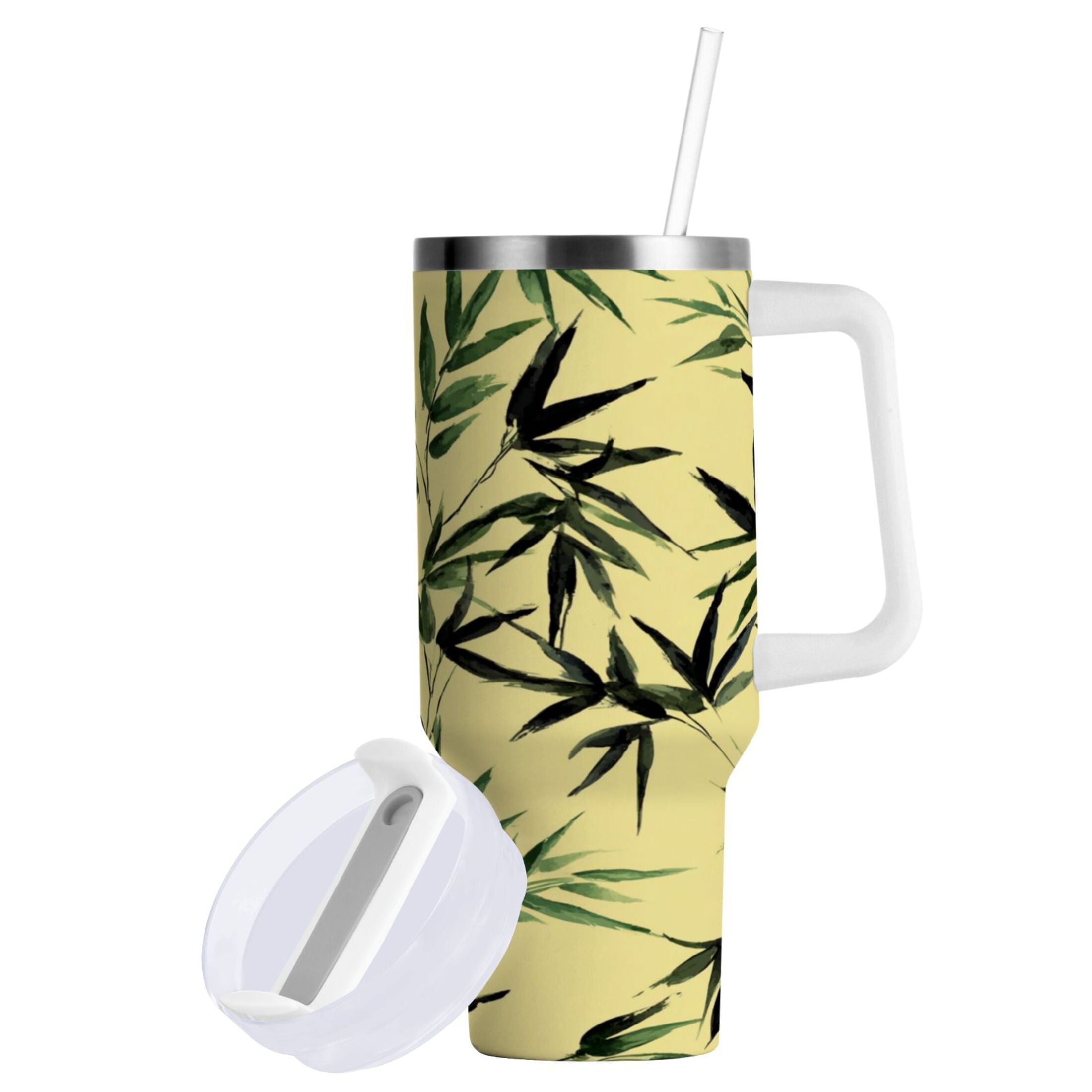 30 oz Insulated Stainless Steel Tumbler Double Wall Stainless Steel Tumbler with 2-Way Drinking Bamboo and Green Leaves - Choice 544