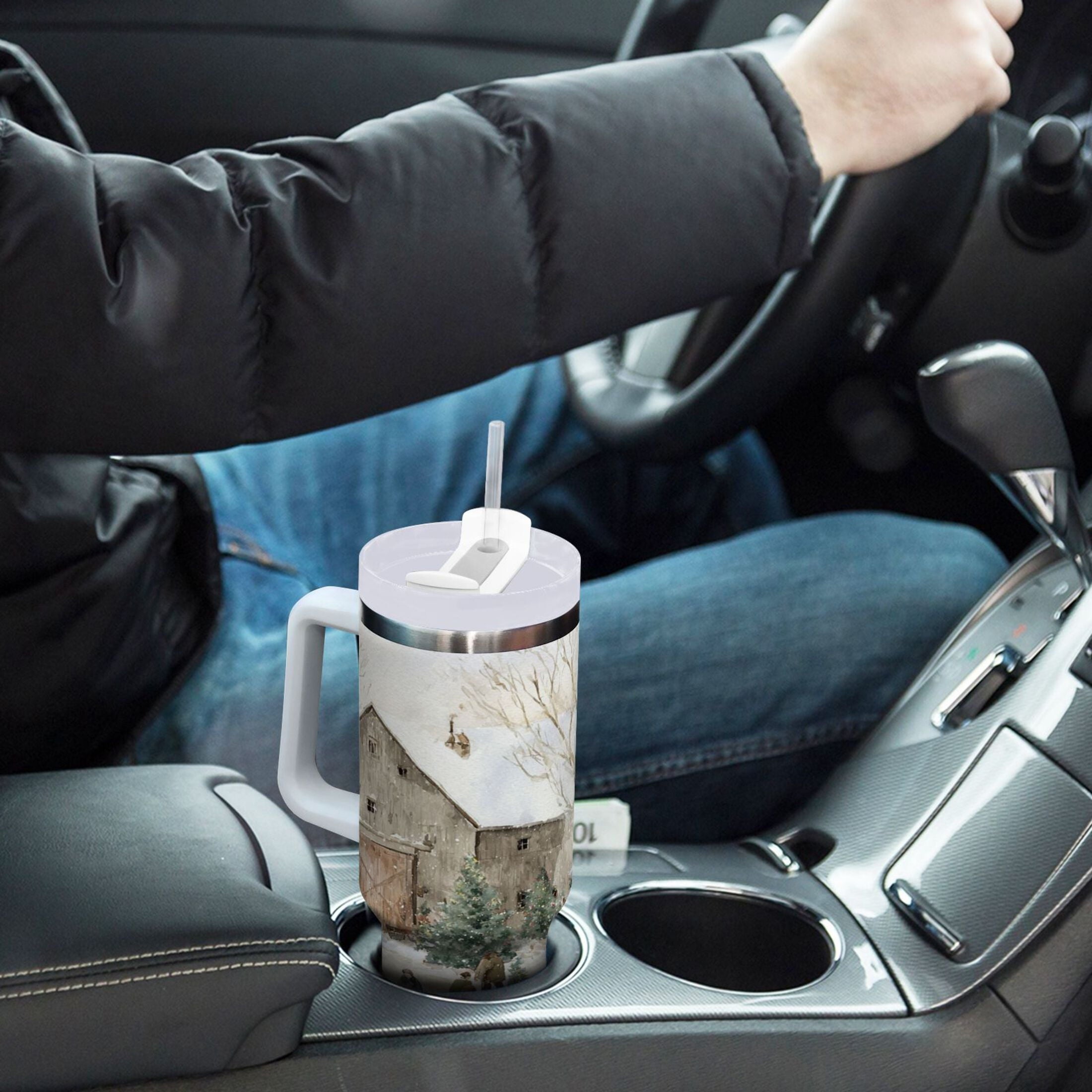 40 oz Insulated Stainless Steel Tumbler Double Wall Stainless Steel Tumbler with 2-Way Drinking Farm Snow Scene - Choice 272