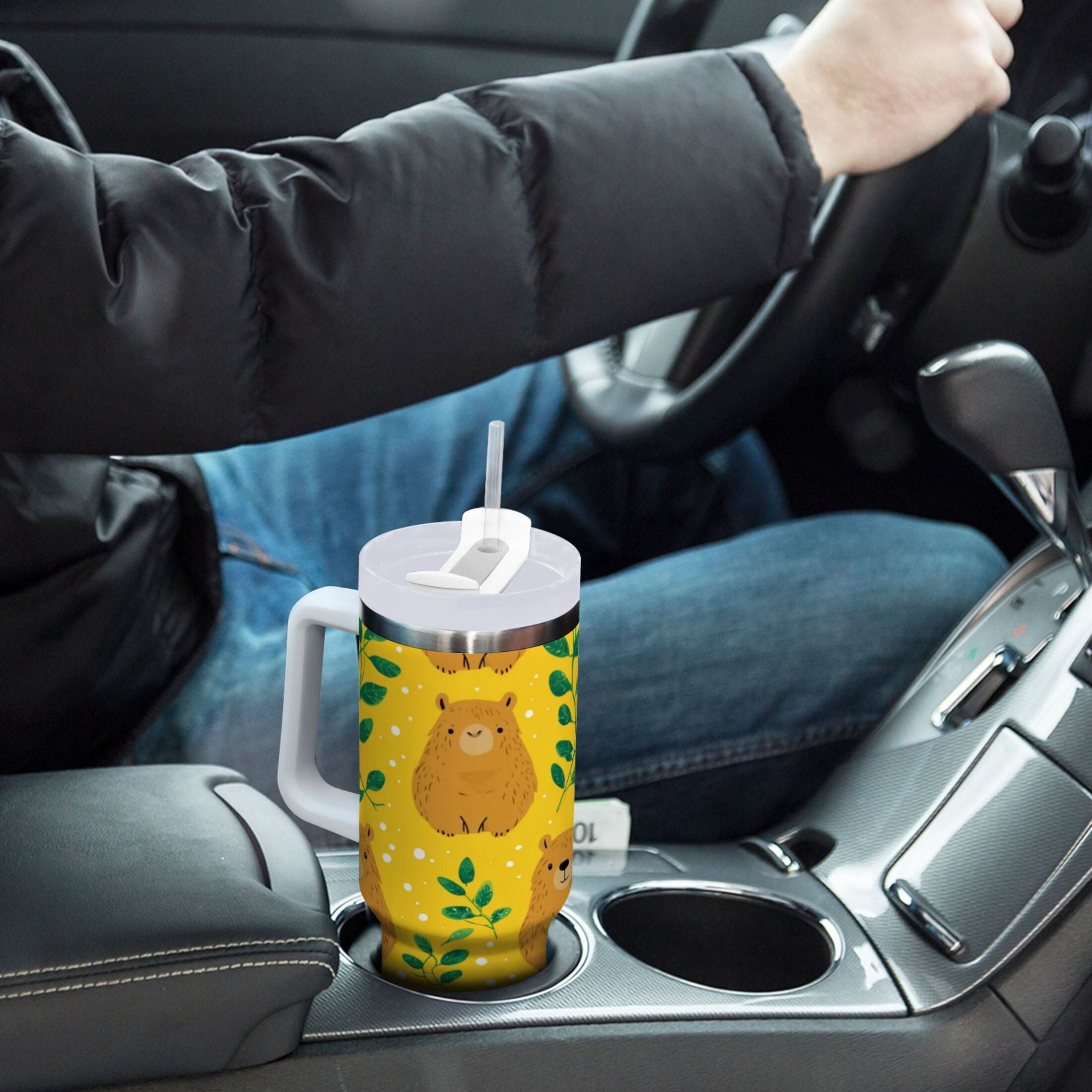 30 oz Insulated Stainless Steel Tumbler Double Wall Stainless Steel Tumbler with 2-Way Drinking Capybara and Green Leaves - Choice 877