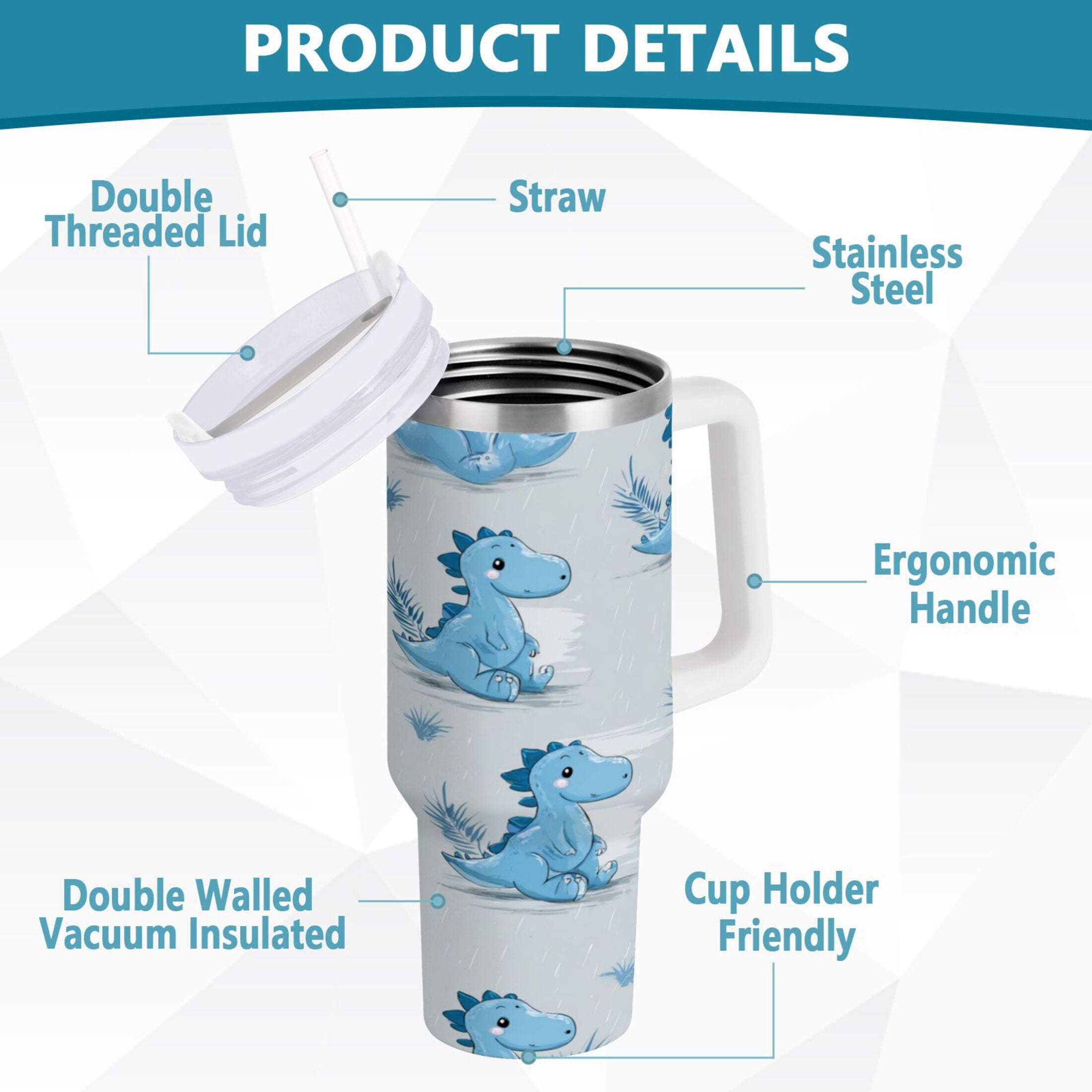 30 oz Insulated Stainless Steel Tumbler Double Wall Stainless Steel Tumbler with 2-Way Drinking Cartoon Blue Dinosaurs - Choice 815