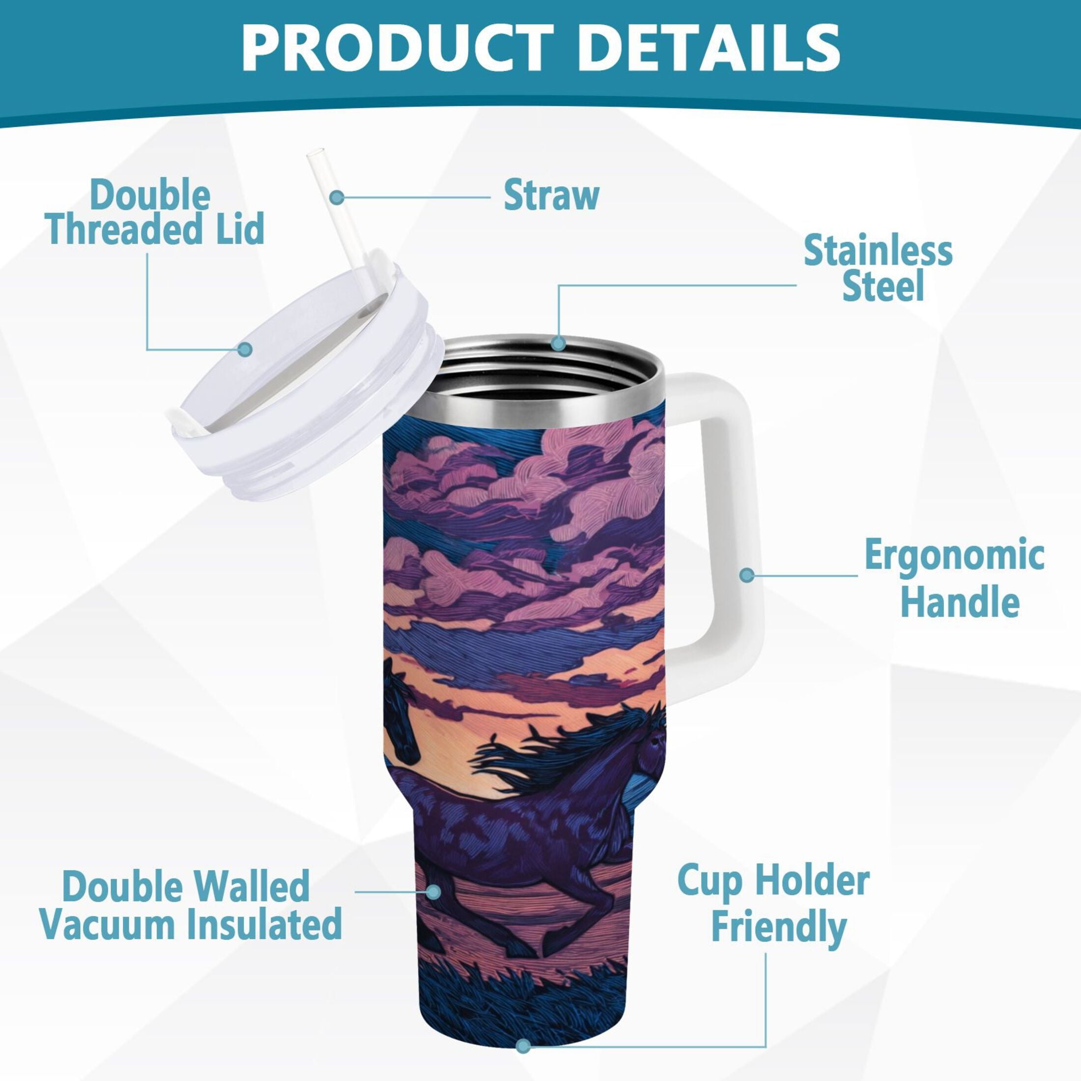 40 oz Insulated Stainless Steel Tumbler Double Wall Stainless Steel Tumbler with 2-Way Drinking Wild Horses Running - Choice 111