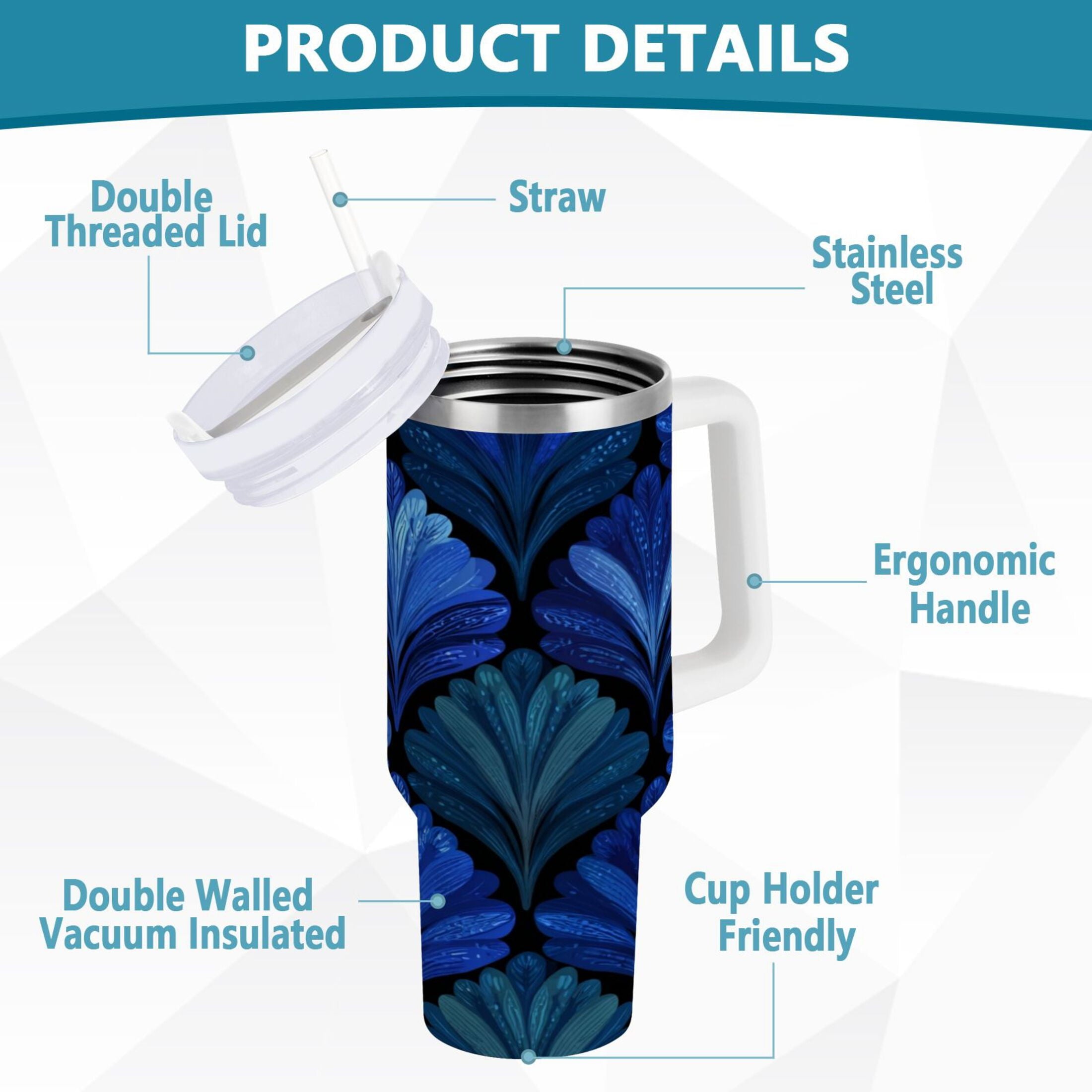30 oz Insulated Stainless Steel Tumbler Double Wall Stainless Steel Tumbler with 2-Way Drinking Blue Batik Leaves Pattern - Choice 588