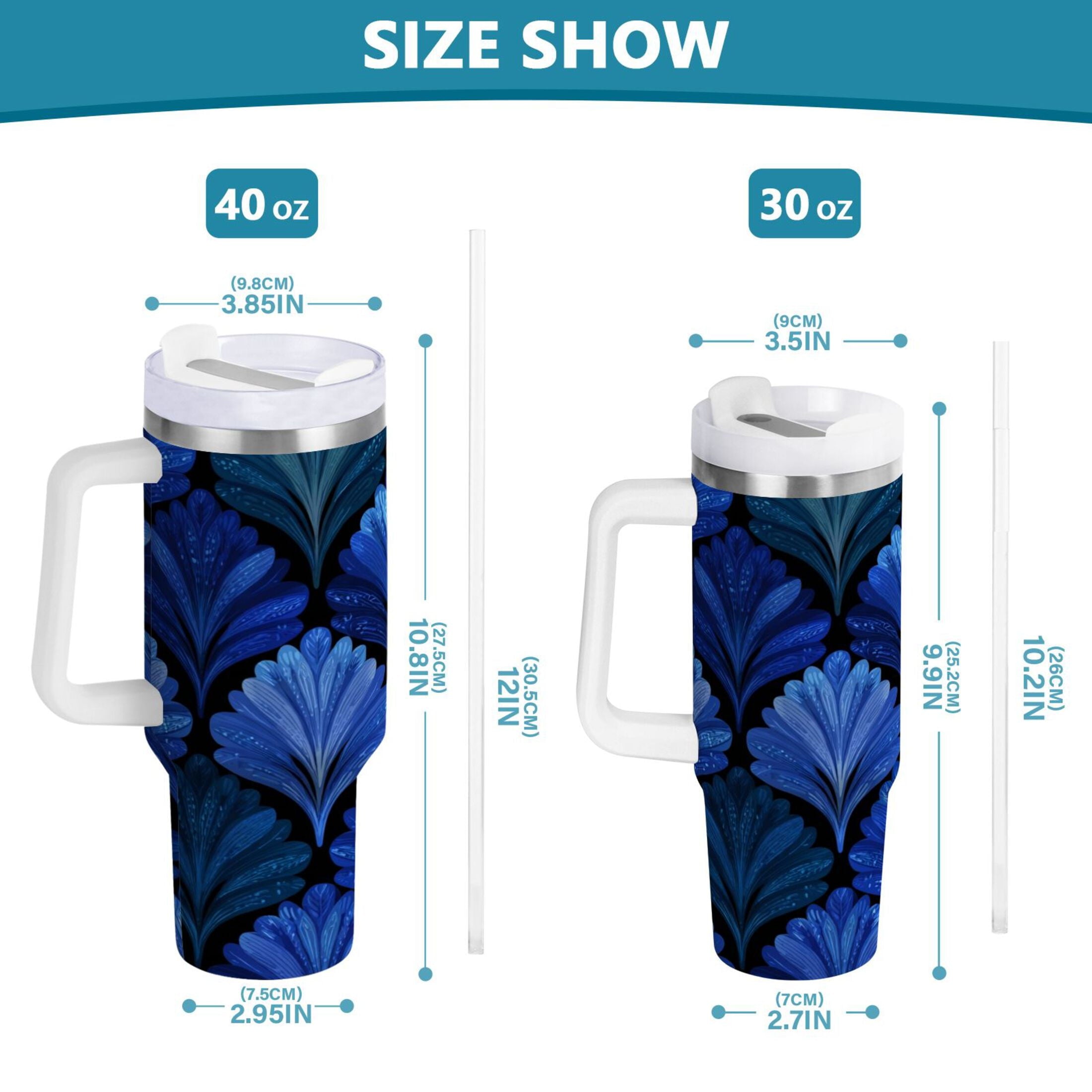 30 oz Insulated Stainless Steel Tumbler Double Wall Stainless Steel Tumbler with 2-Way Drinking Blue Batik Leaves Pattern - Choice 588