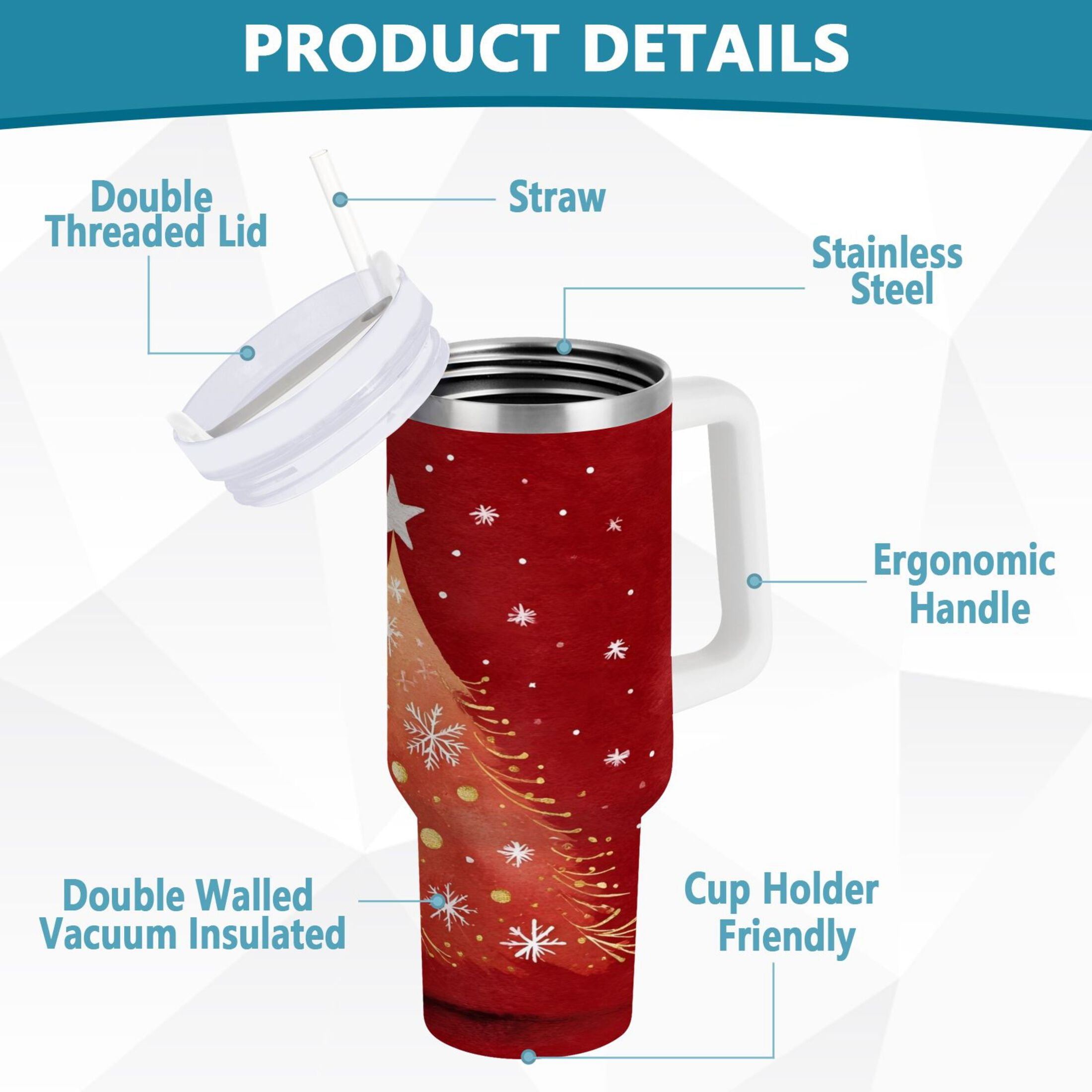 40 oz Insulated Stainless Steel Tumbler Double Wall Stainless Steel Tumbler with 2-Way Drinking Red Christmas Tree - Choice 934