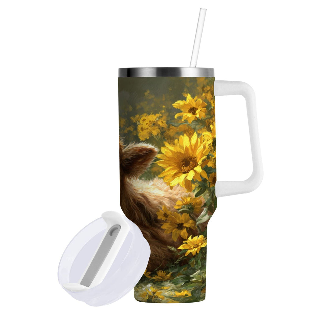 40 oz Insulated Stainless Steel Tumbler Double Wall Stainless Steel Tumbler with 2-Way Drinking Cow Lying in Sunflowers - Choice 453