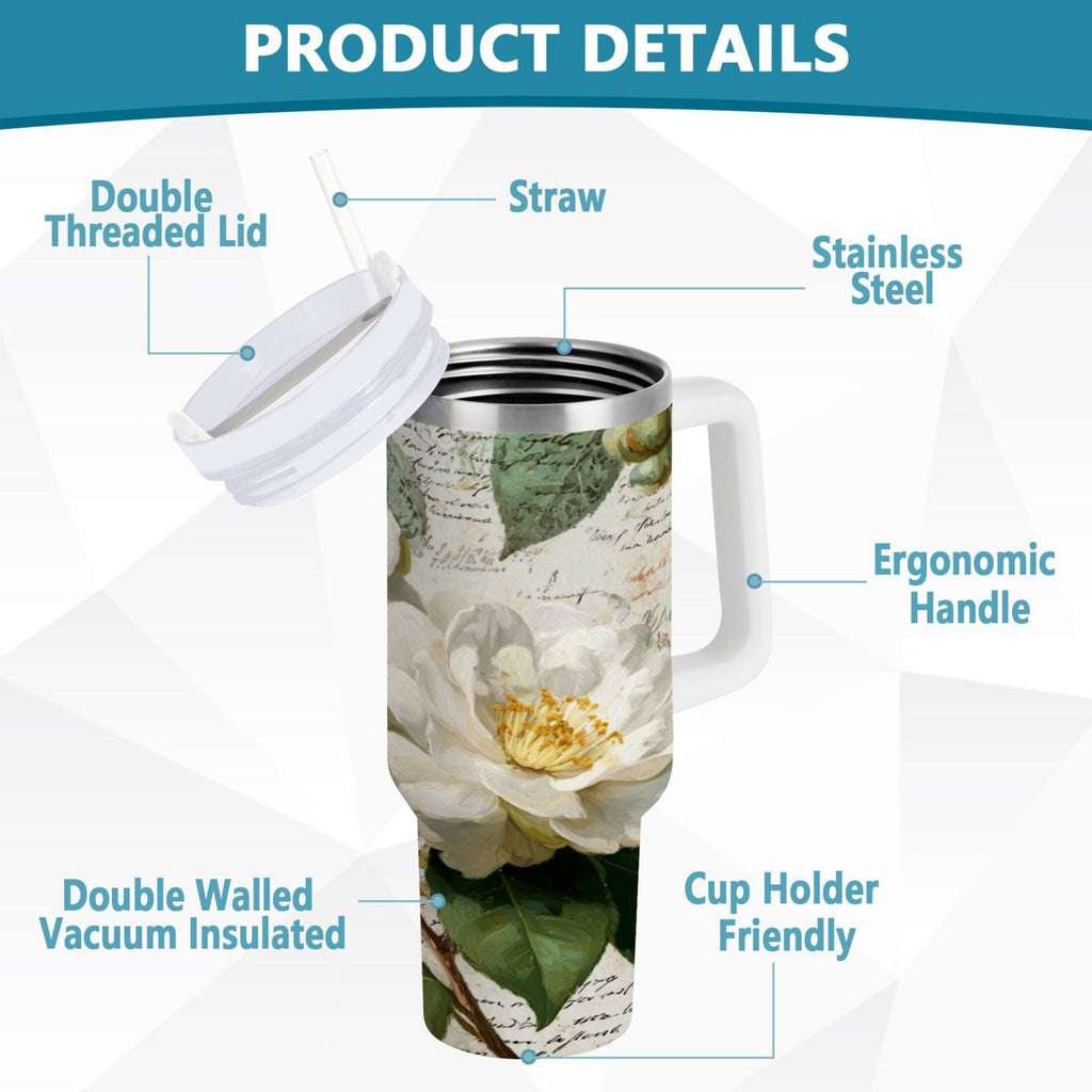 40 oz Insulated Stainless Steel Tumbler Double Wall Stainless Steel Tumbler with 2-Way Drinking Vintage White Camellias - Choice 737
