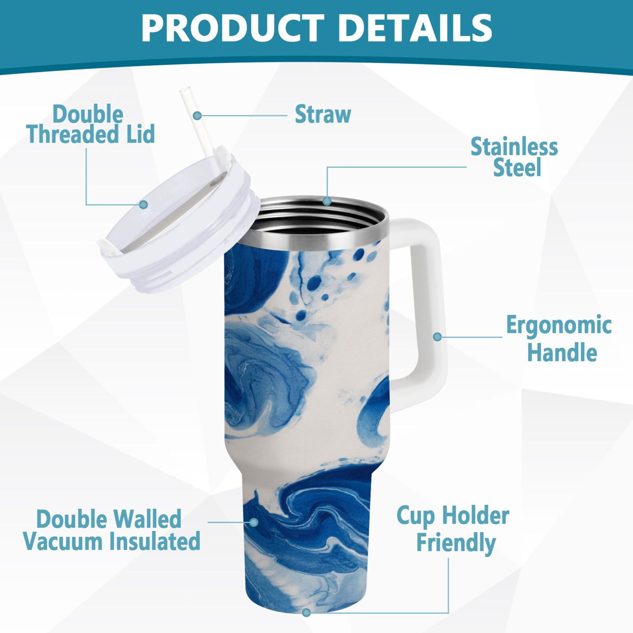 40 oz Insulated Stainless Steel Tumbler Double Wall Stainless Steel Tumbler with 2-Way Drinking Indigo Blue Tie-dye Pattern - Choice 230