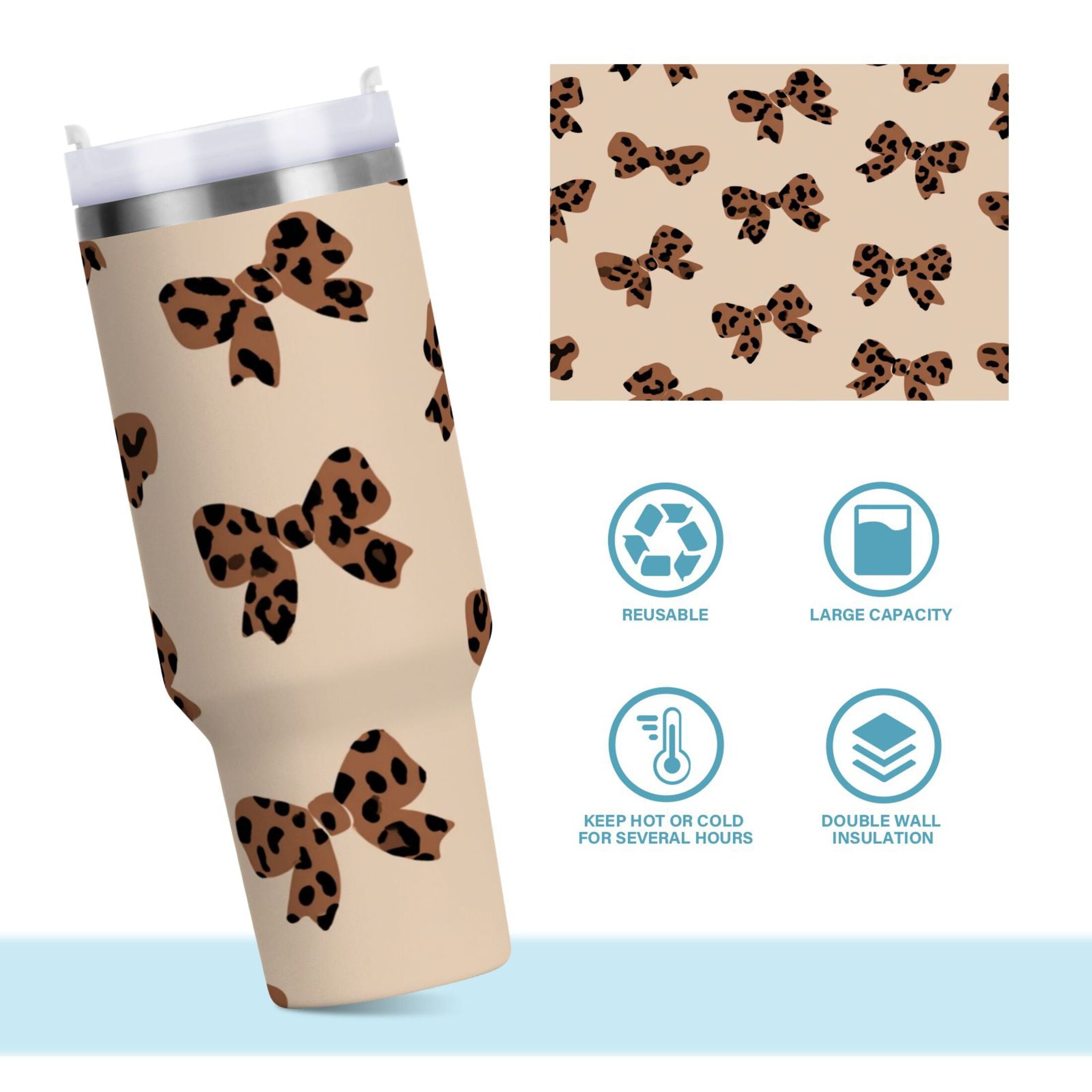 30 oz Insulated Stainless Steel Tumbler Double Wall Stainless Steel Tumbler with 2-Way Drinking Cute Brown Bow - Choice 476