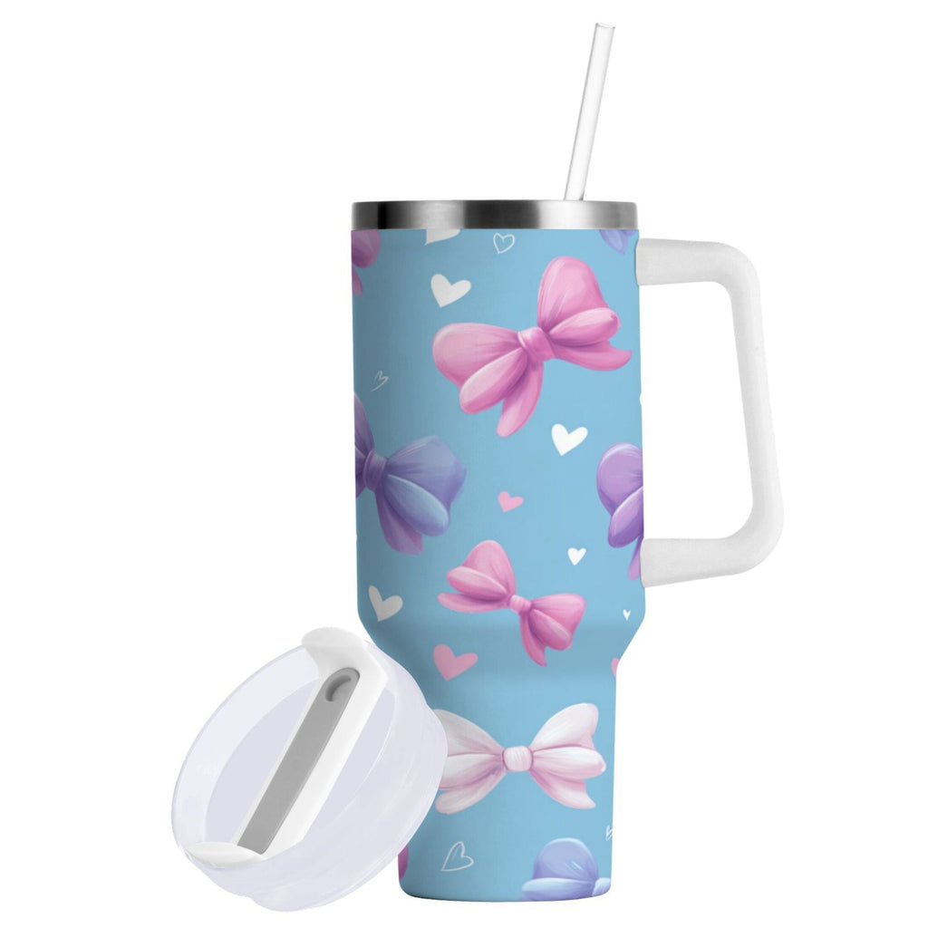30 oz Insulated Stainless Steel Tumbler Double Wall Stainless Steel Tumbler with 2-Way Drinking Pink and Purple Bows - Choice 223