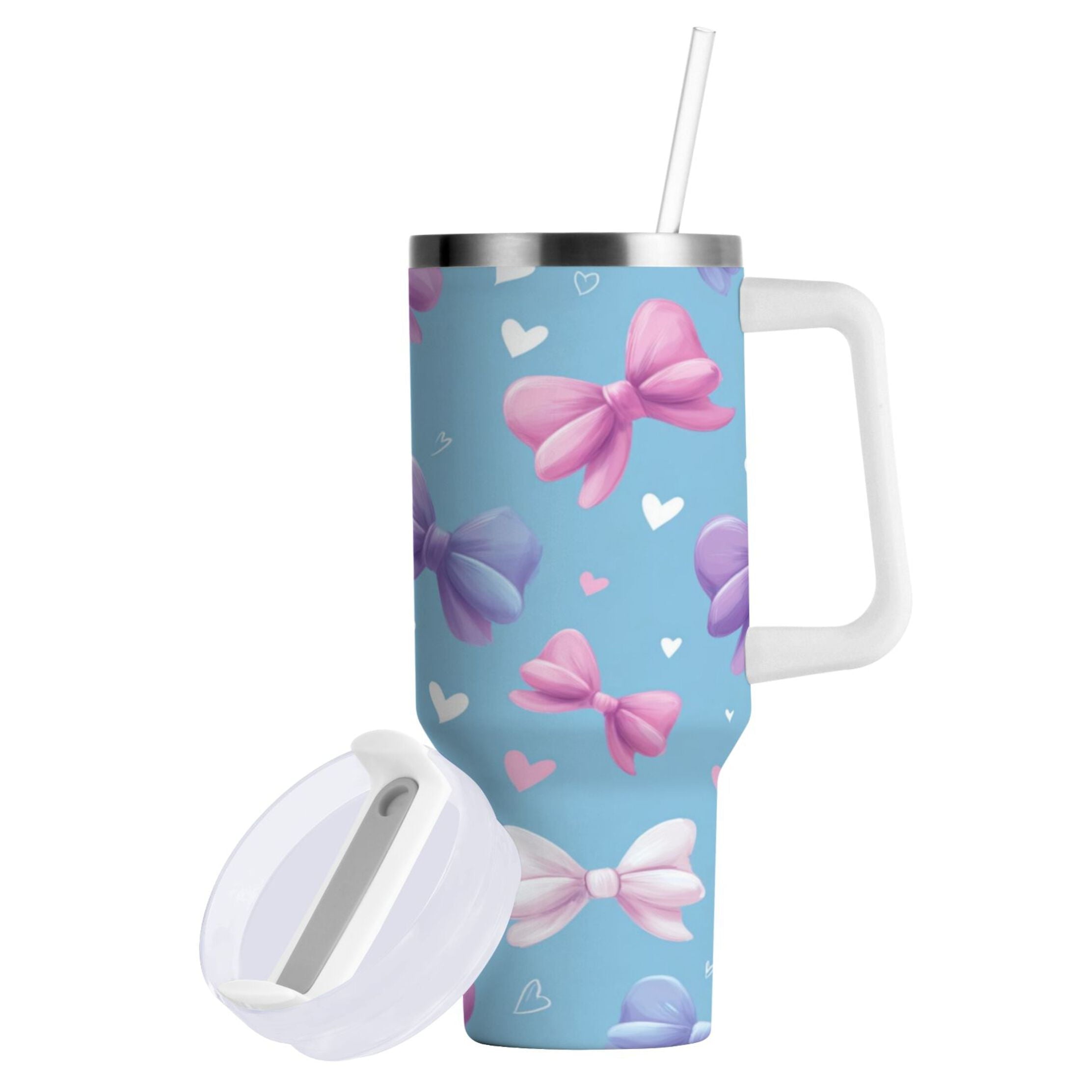 30 oz Insulated Stainless Steel Tumbler Double Wall Stainless Steel Tumbler with 2-Way Drinking Pink and Purple Bows - Choice 223