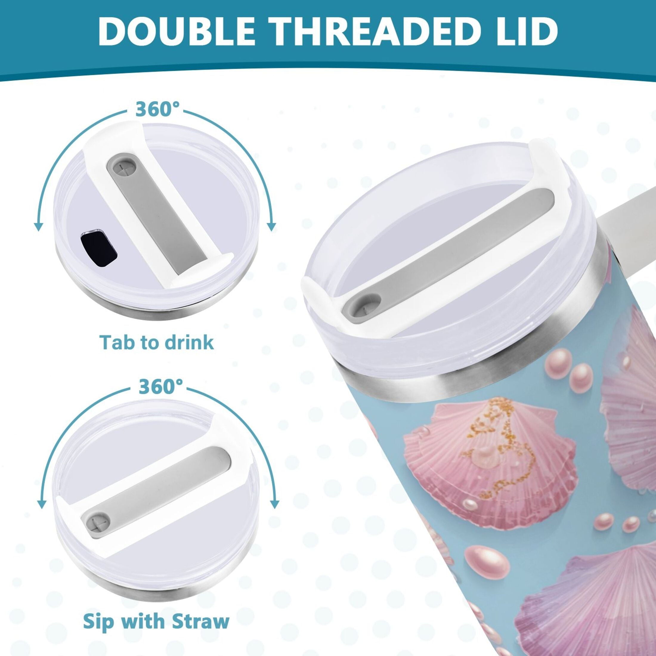40 oz Insulated Stainless Steel Tumbler Double Wall Stainless Steel Tumbler with 2-Way Drinking Seashells and Pearls Pattern - Choice 178