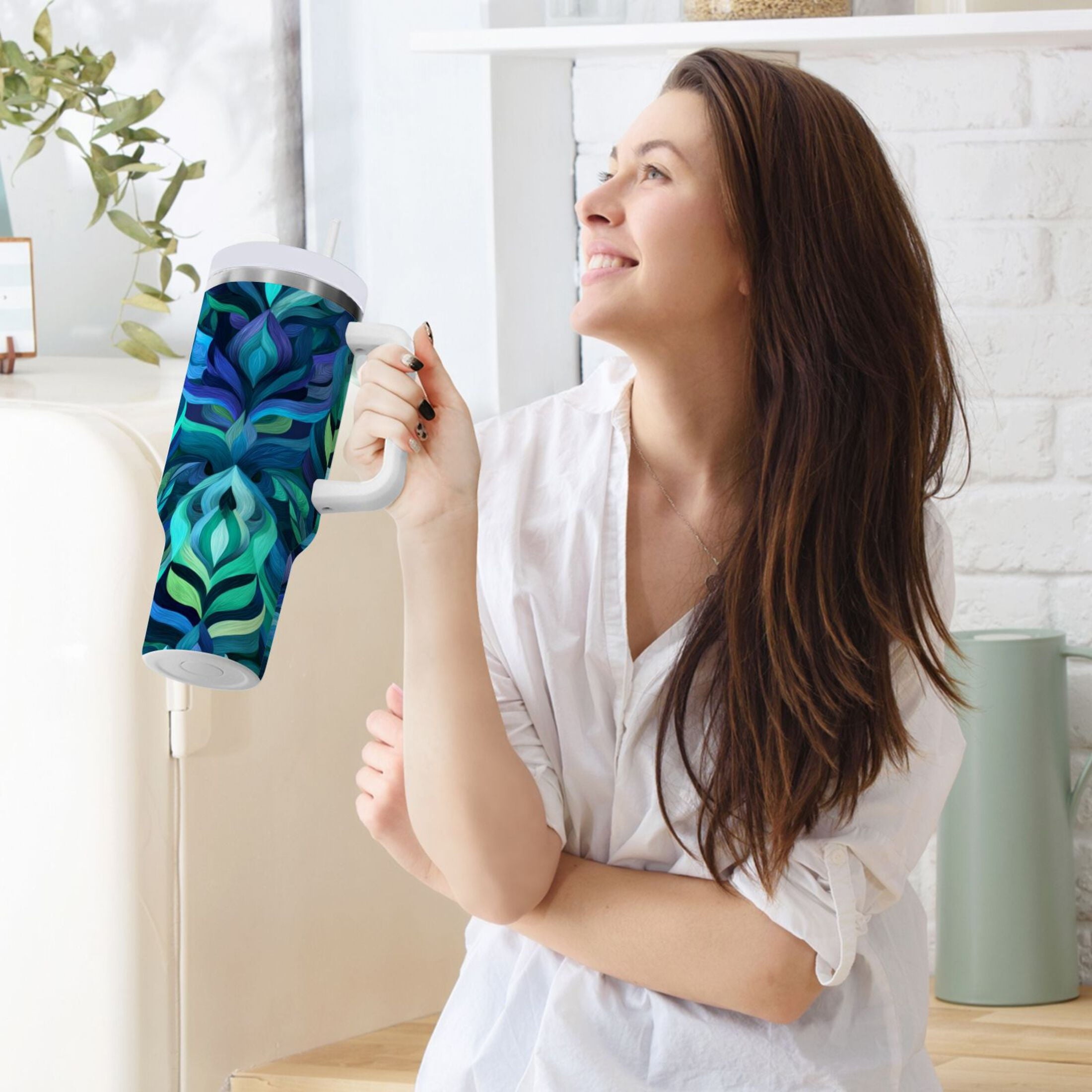 40 oz Insulated Stainless Steel Tumbler Double Wall Stainless Steel Tumbler with 2-Way Drinking Elegant Blue Abstract Shapes - Choice 188