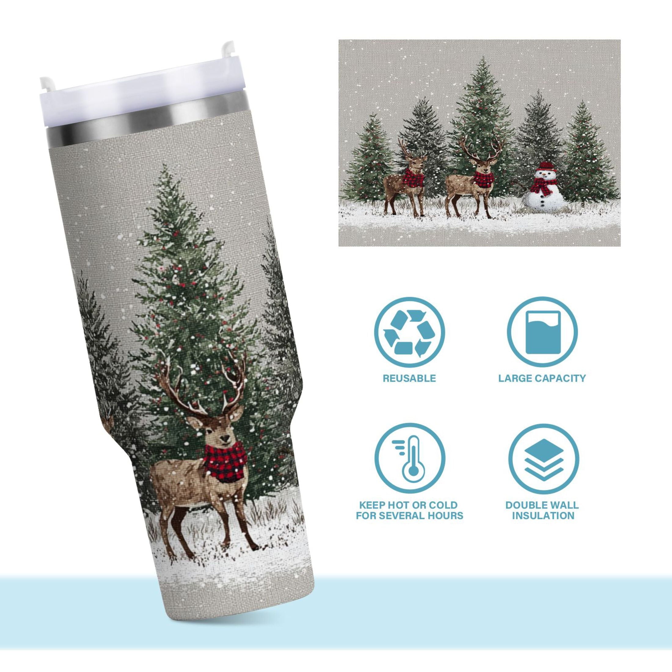 30 oz Insulated Stainless Steel Tumbler Double Wall Stainless Steel Tumbler with 2-Way Drinking Christmas Deer and Snowmen - Choice 605