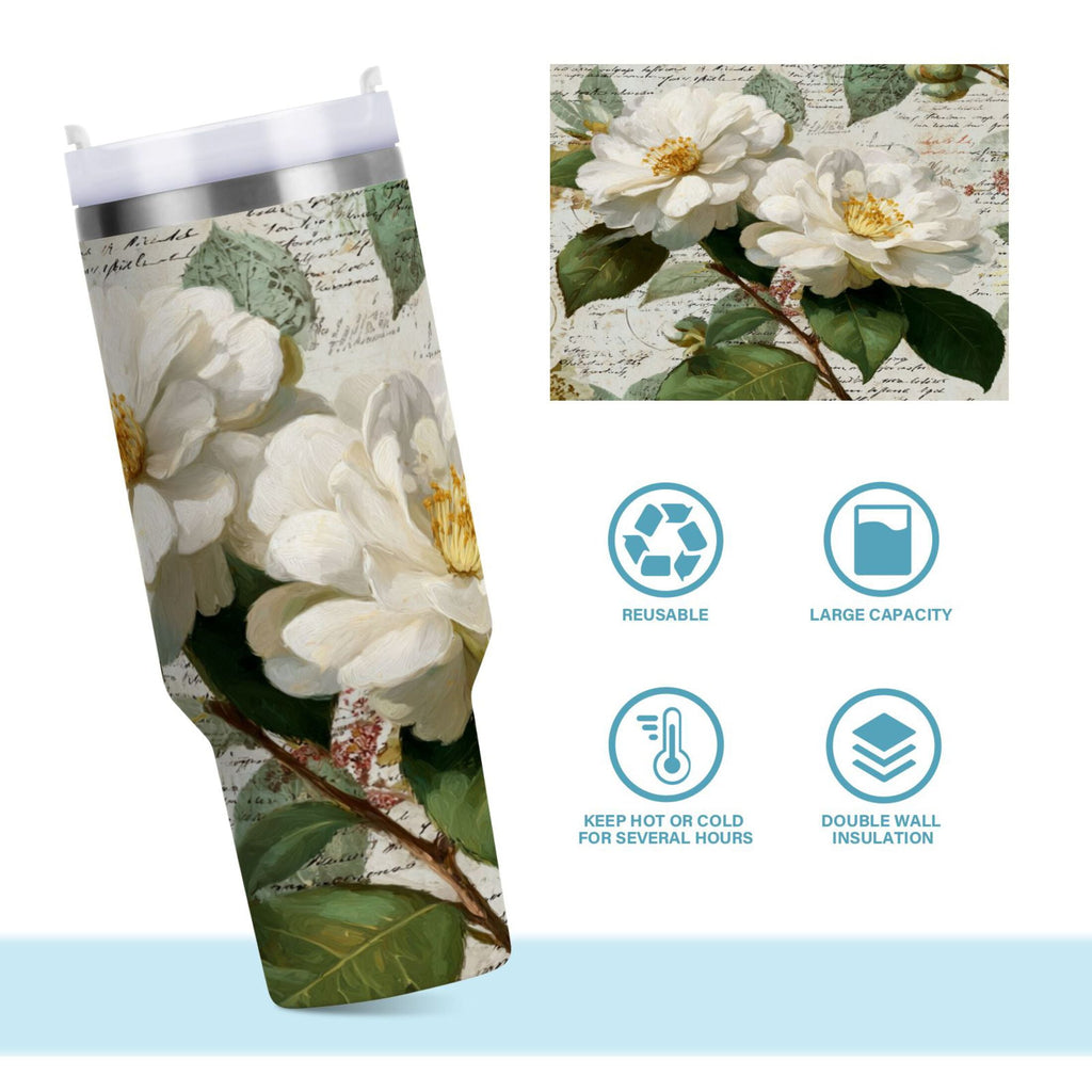 40 oz Insulated Stainless Steel Tumbler Double Wall Stainless Steel Tumbler with 2-Way Drinking Vintage White Camellias - Choice 737