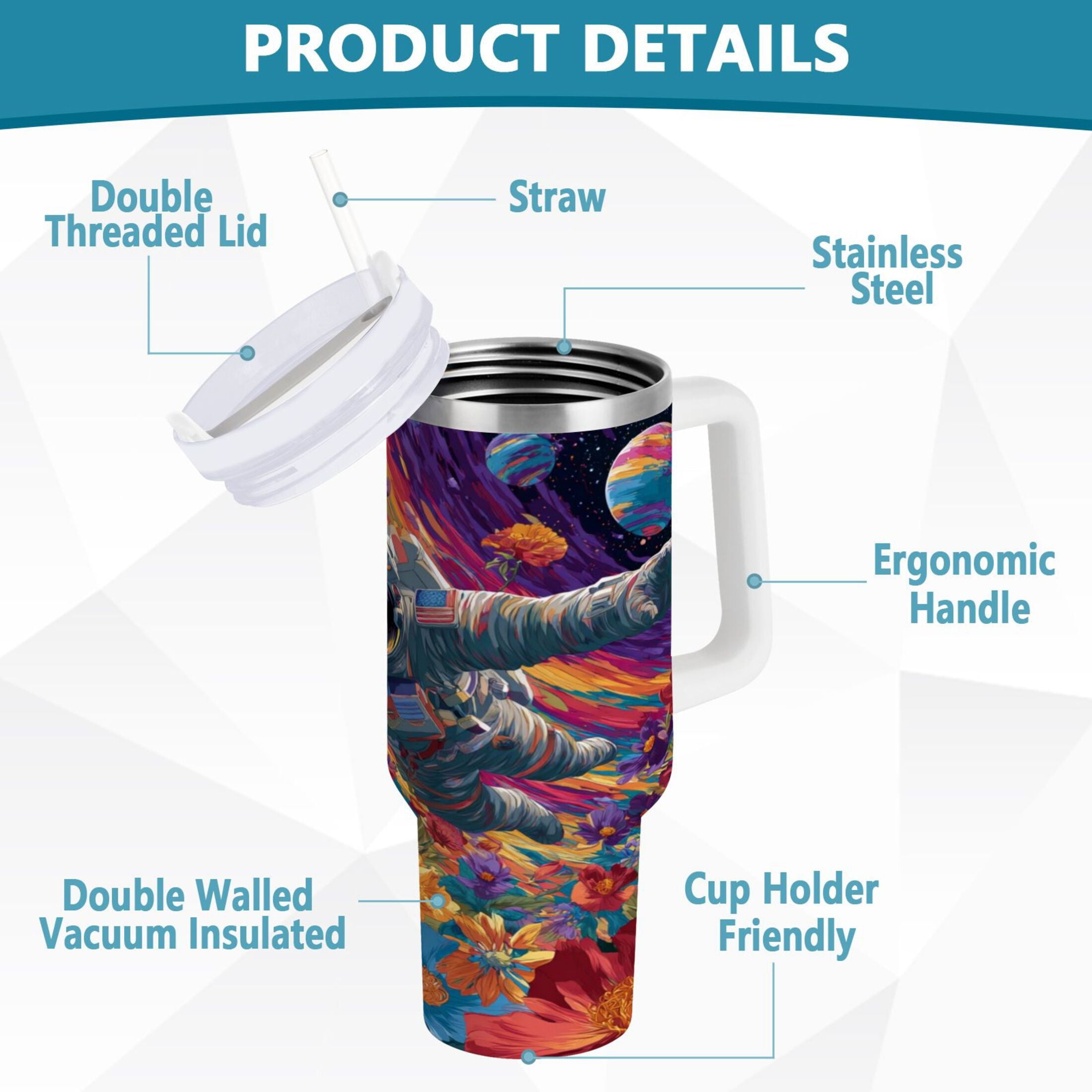 40 oz Insulated Stainless Steel Tumbler Double Wall Stainless Steel Tumbler with 2-Way Drinking Colorful Flowers and Planets - Choice 649