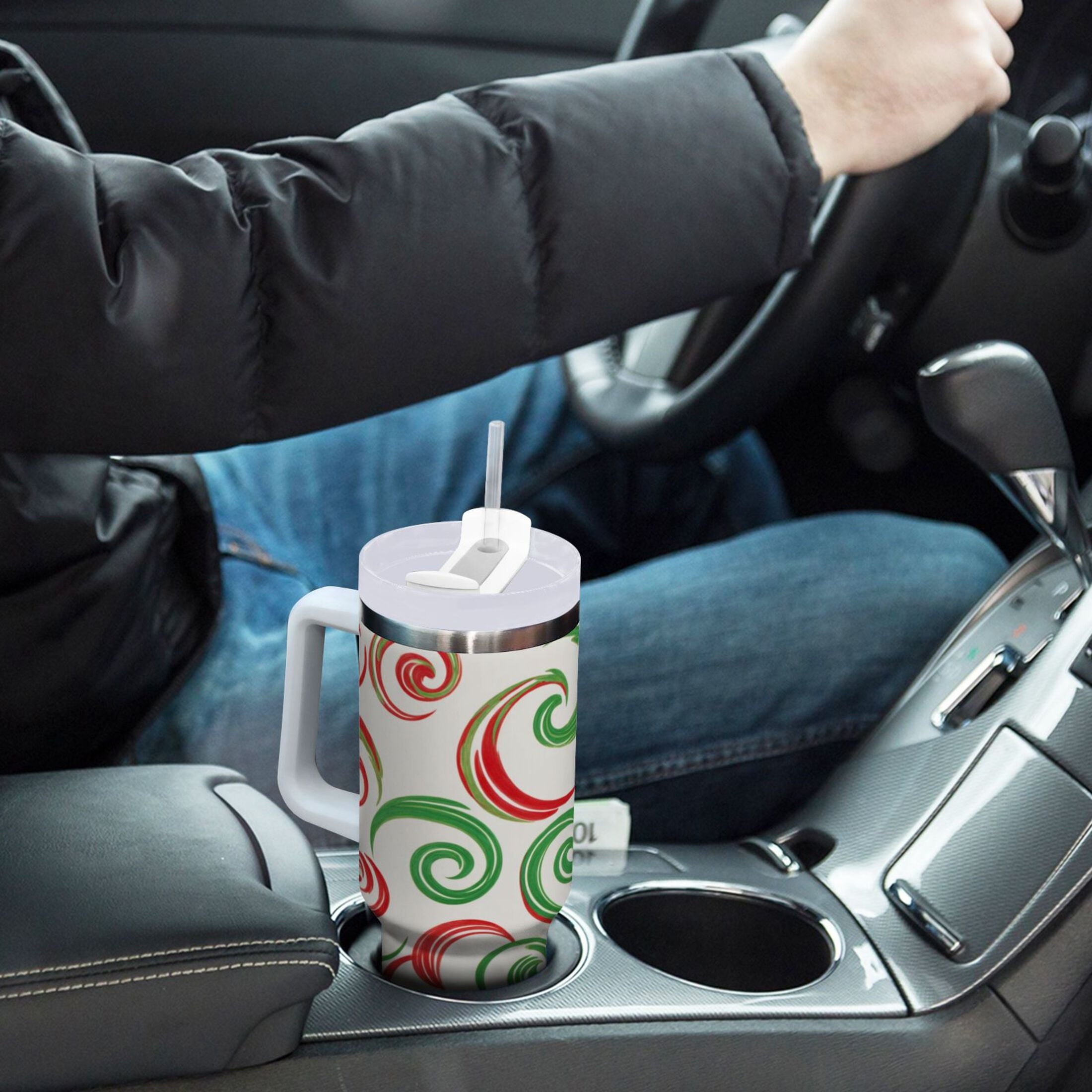 40 oz Insulated Stainless Steel Tumbler Double Wall Stainless Steel Tumbler with 2-Way Drinking Red and Green Swirls - Choice 846