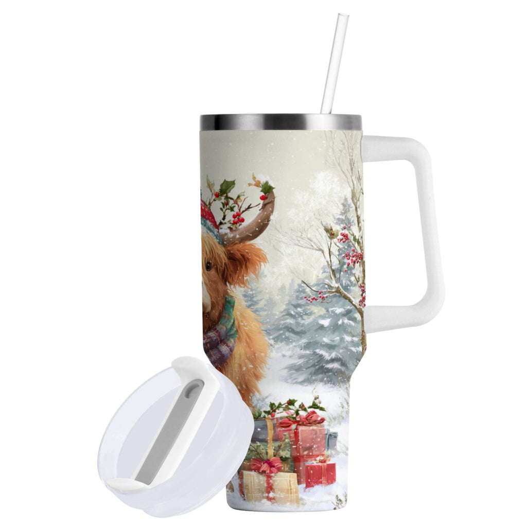 30 oz Insulated Stainless Steel Tumbler Double Wall Stainless Steel Tumbler with 2-Way Drinking Cow Wearing Christmas Hat - Choice 987