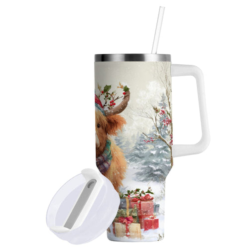 30 oz Insulated Stainless Steel Tumbler Double Wall Stainless Steel Tumbler with 2-Way Drinking Cow Wearing Christmas Hat - Choice 987