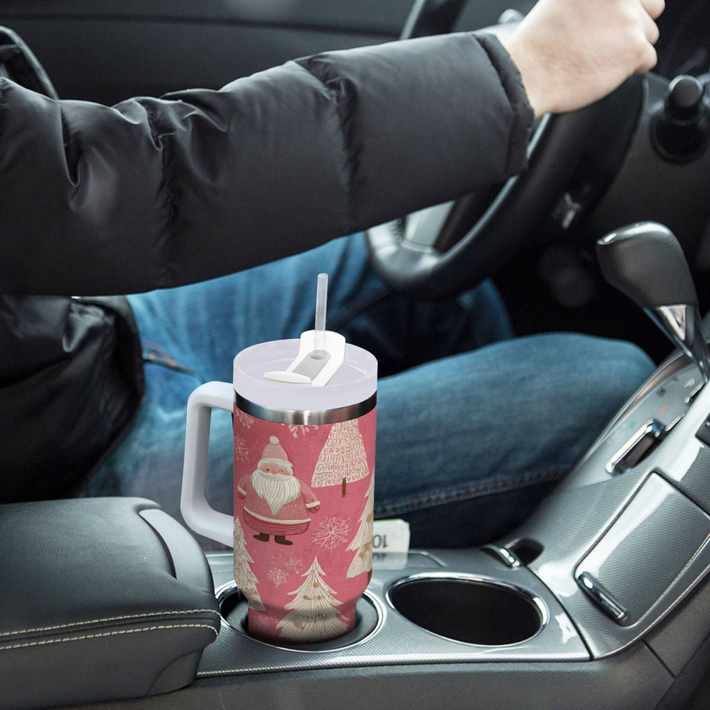 40 oz Insulated Stainless Steel Tumbler Double Wall Stainless Steel Tumbler with 2-Way Drinking Pink Santa Claus Pattern - Choice 245