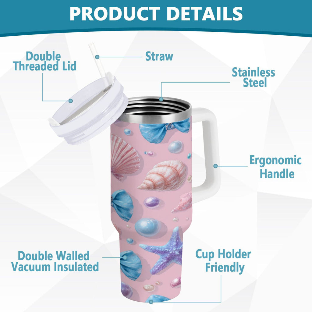 30 oz Insulated Stainless Steel Tumbler Double Wall Stainless Steel Tumbler with 2-Way Drinking Seashells and Bows - Choice 574