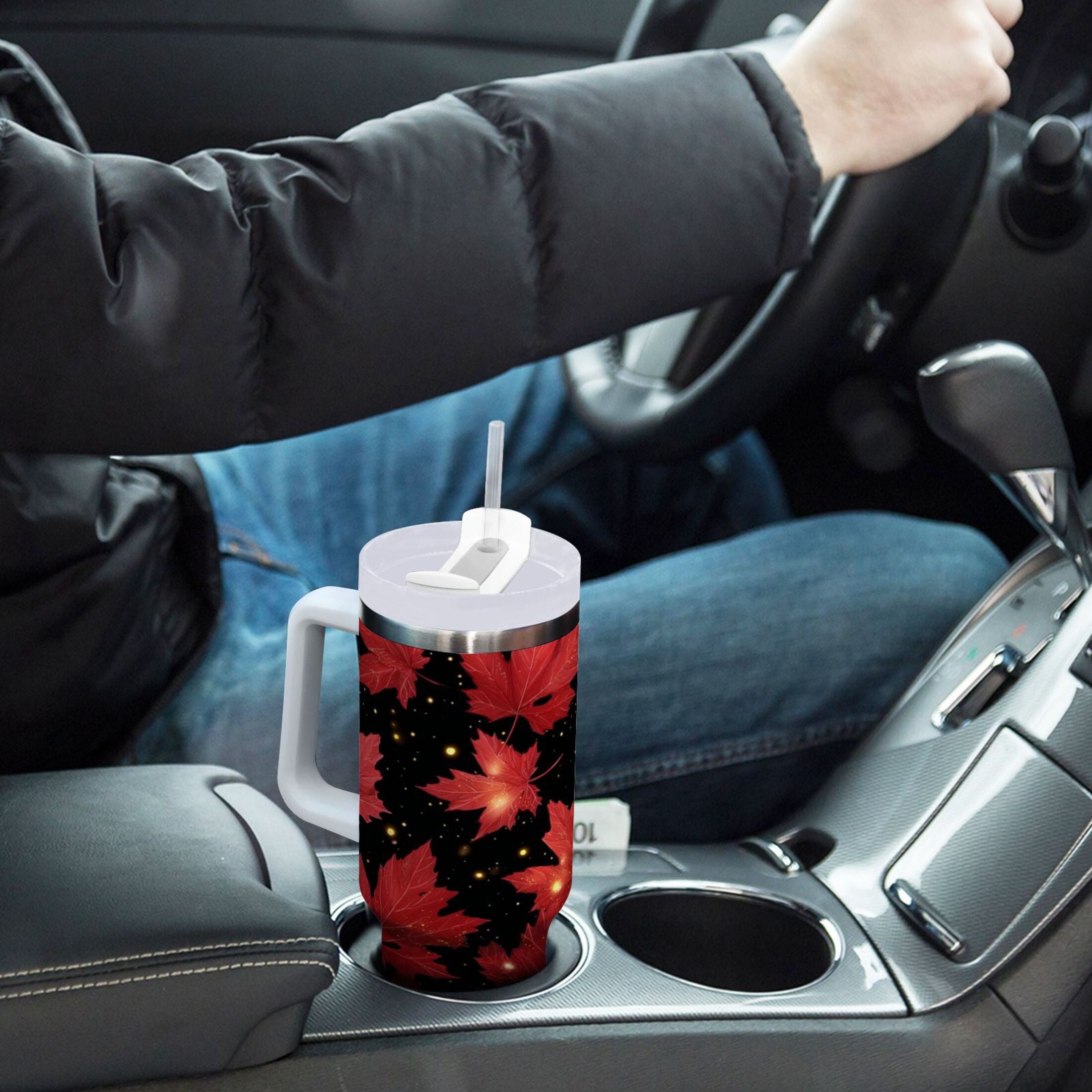 40 oz Insulated Stainless Steel Tumbler Double Wall Stainless Steel Tumbler with 2-Way Drinking Maple Leaves and Fireflies - Choice 258